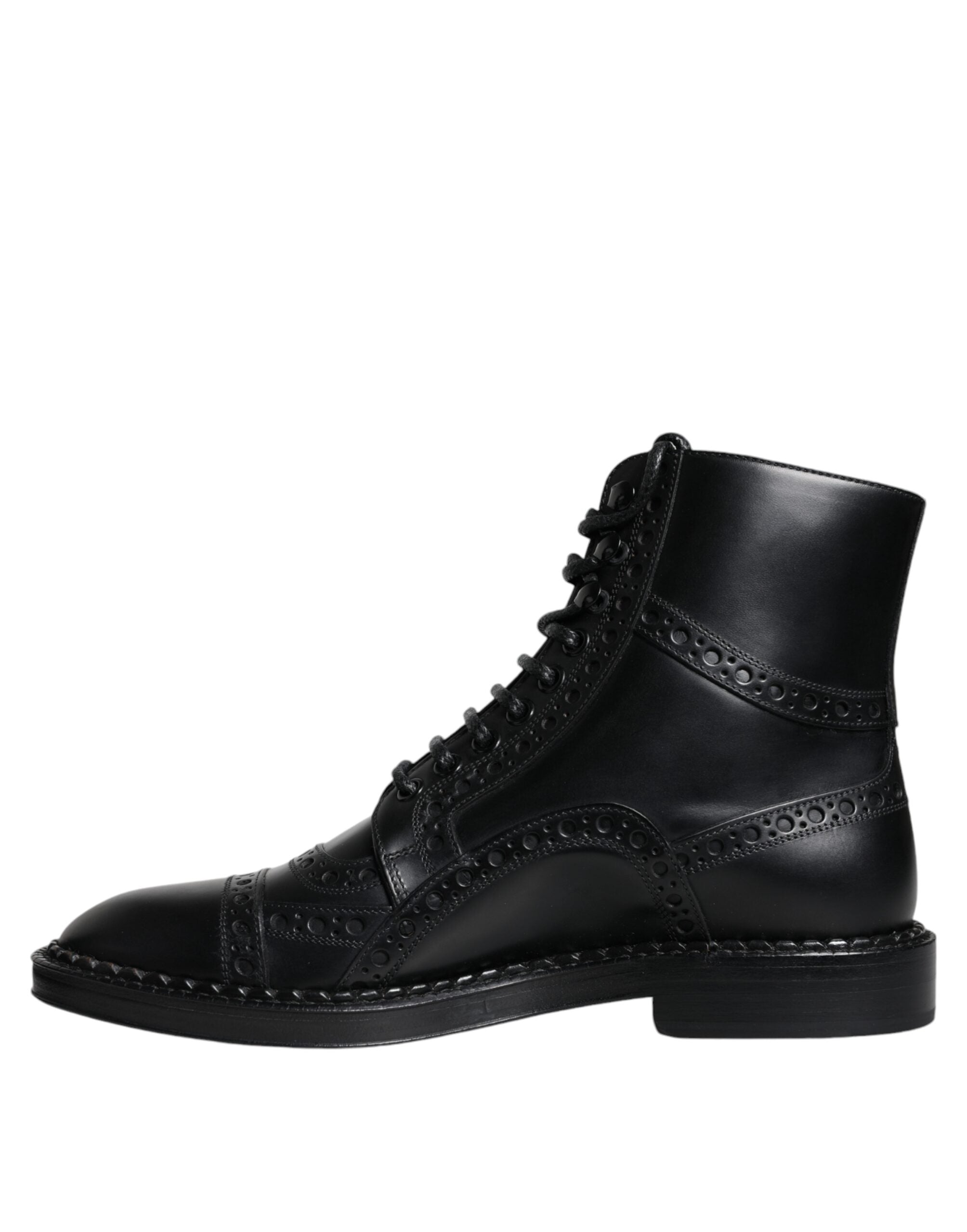 Black Leather Lace Up Mid Calf Boots Shoes - ventzia