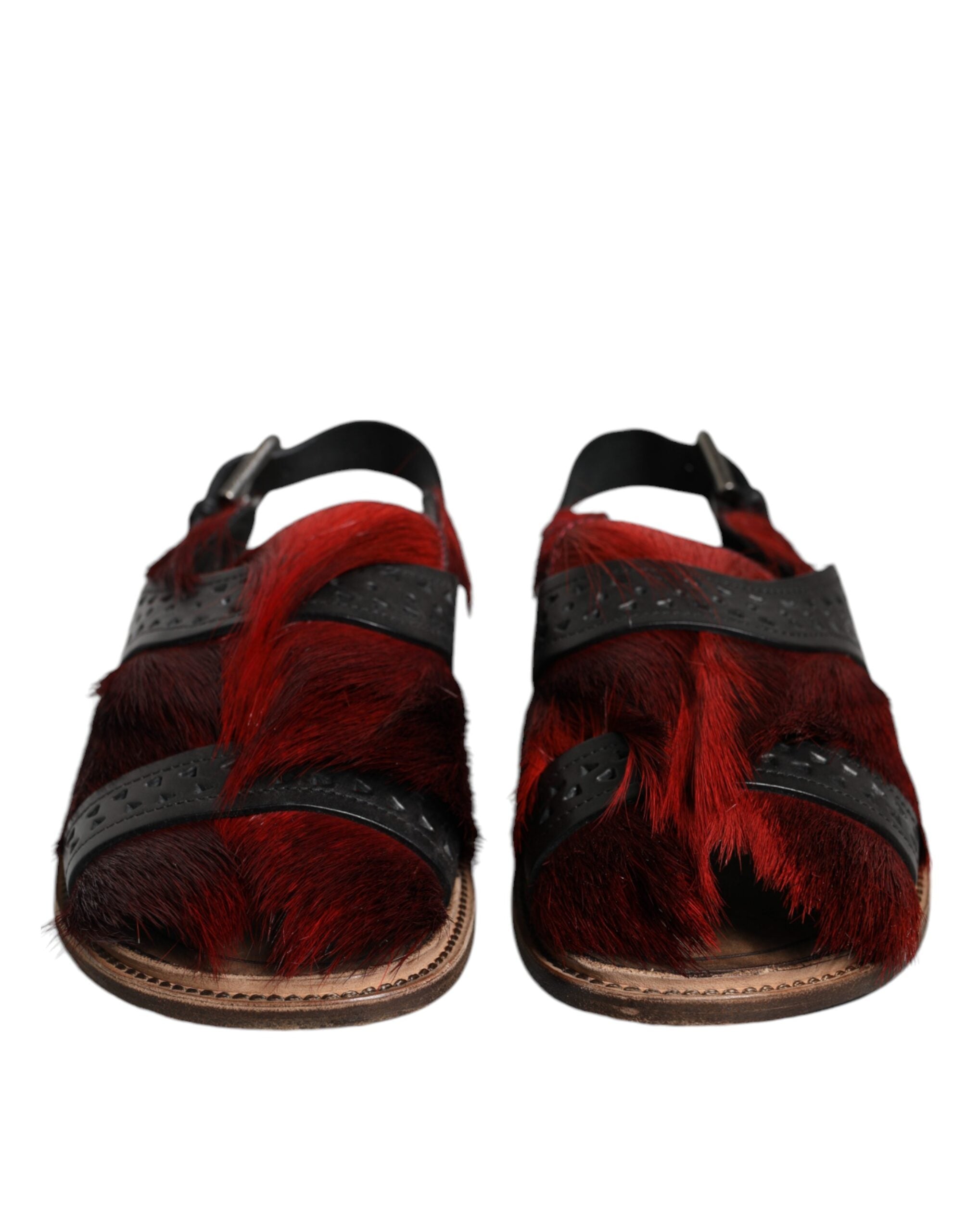 Black Red Gazelle Hair Leather Sandals Shoes - ventzia