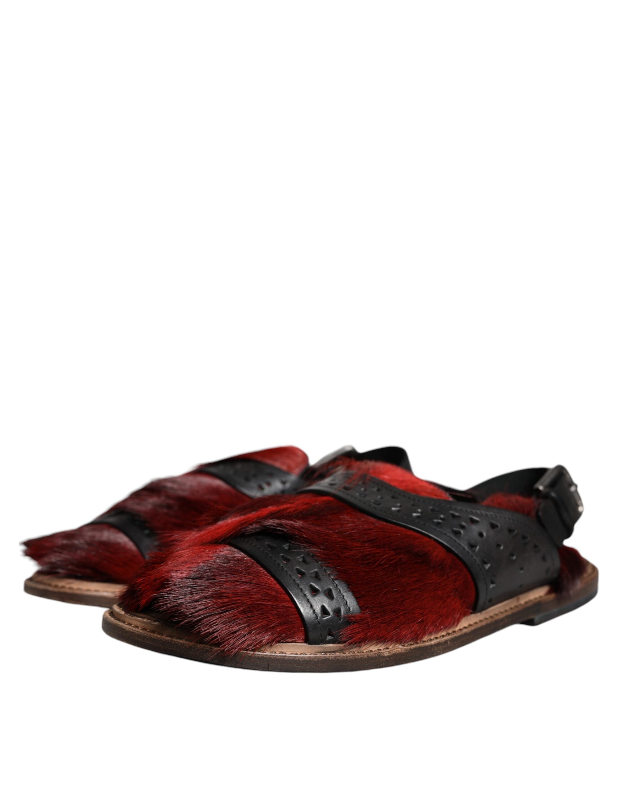 Black Red Gazelle Hair Leather Sandals Shoes - ventzia