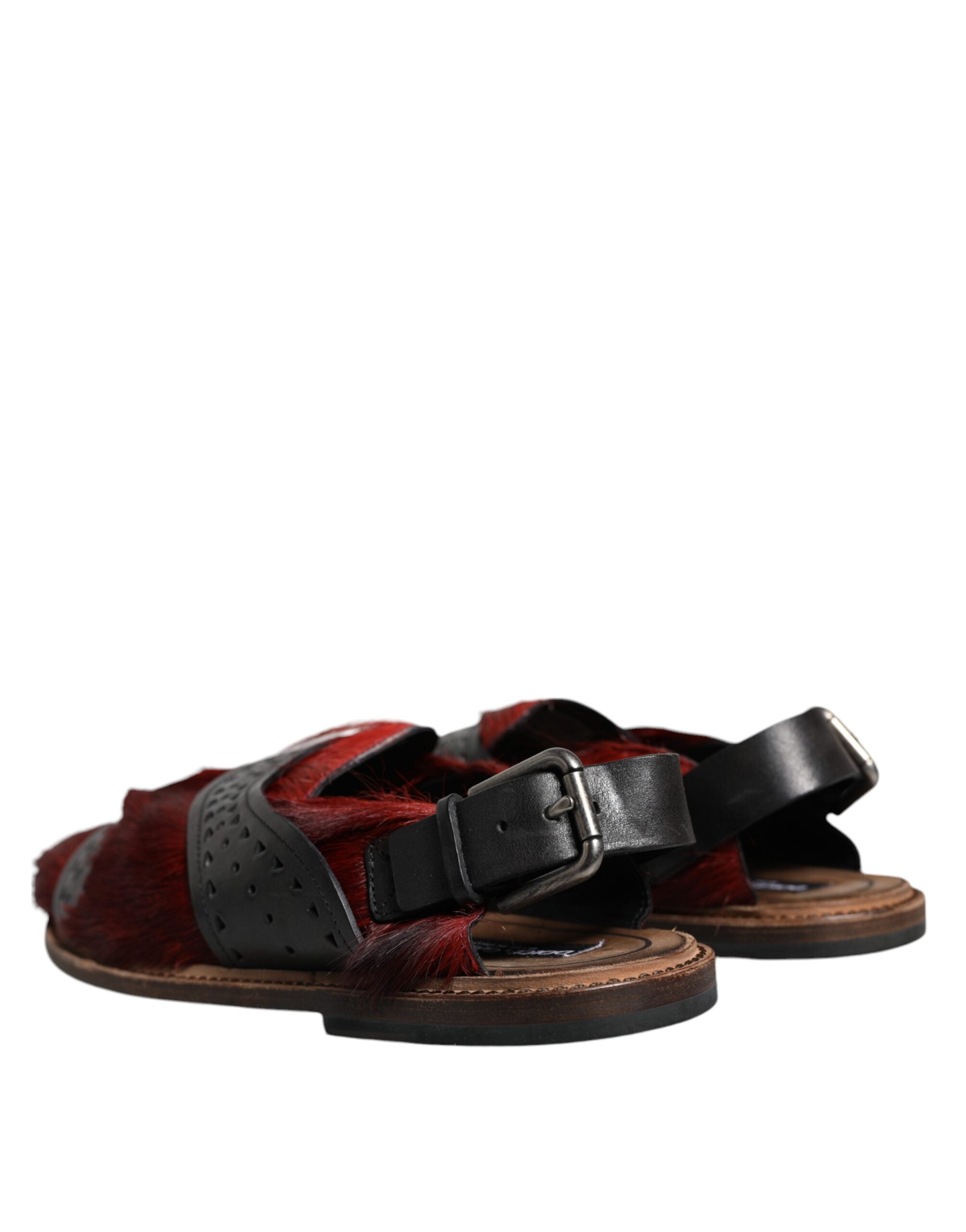 Black Red Gazelle Hair Leather Sandals Shoes - ventzia