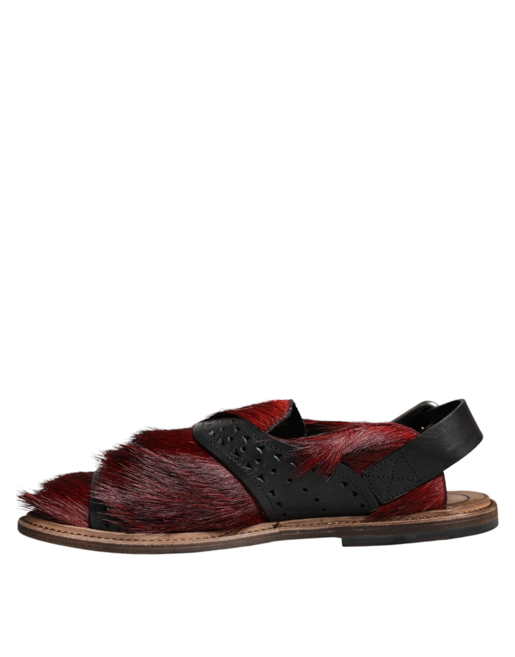 Black Red Gazelle Hair Leather Sandals Shoes - ventzia