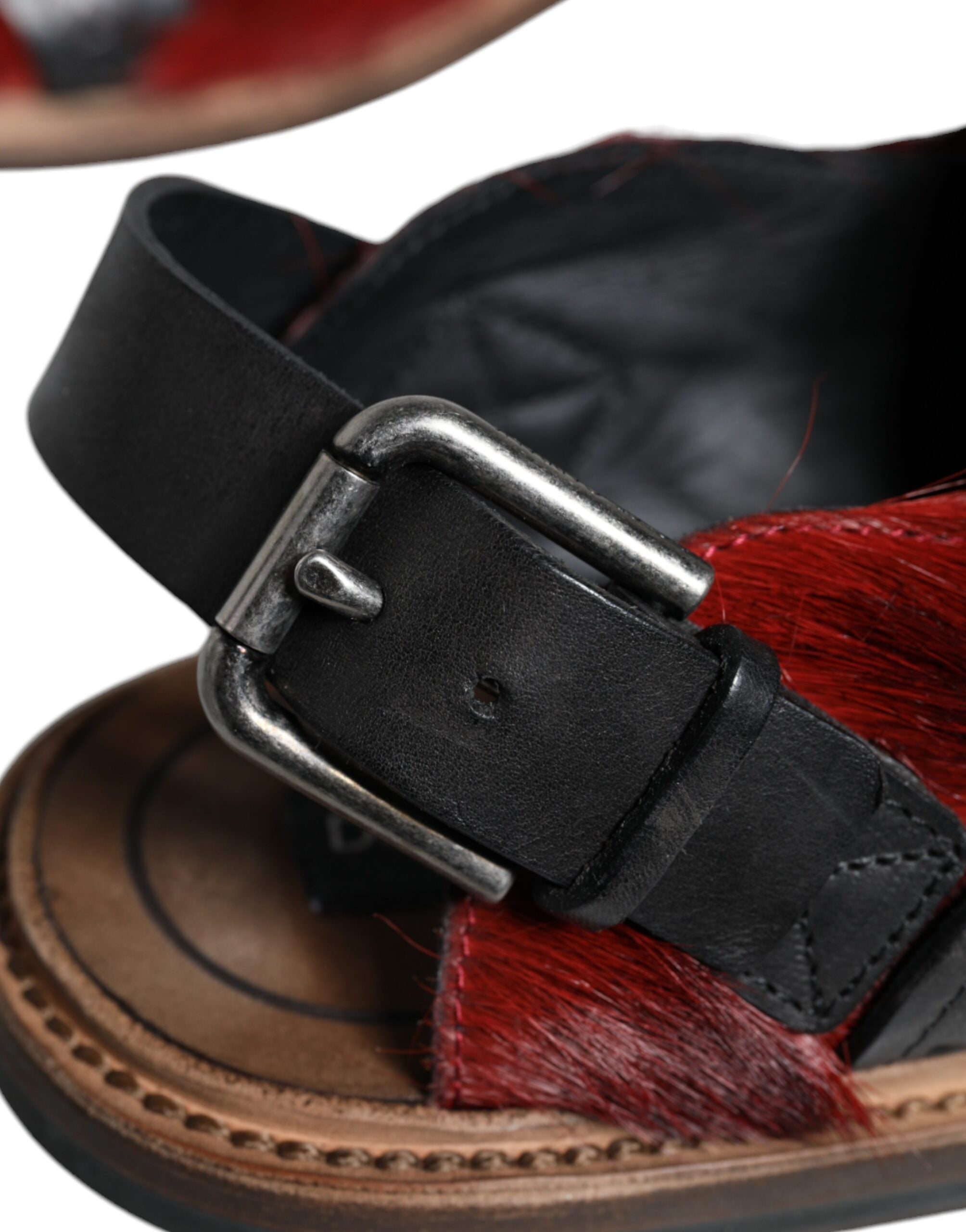 Black Red Gazelle Hair Leather Sandals Shoes - ventzia