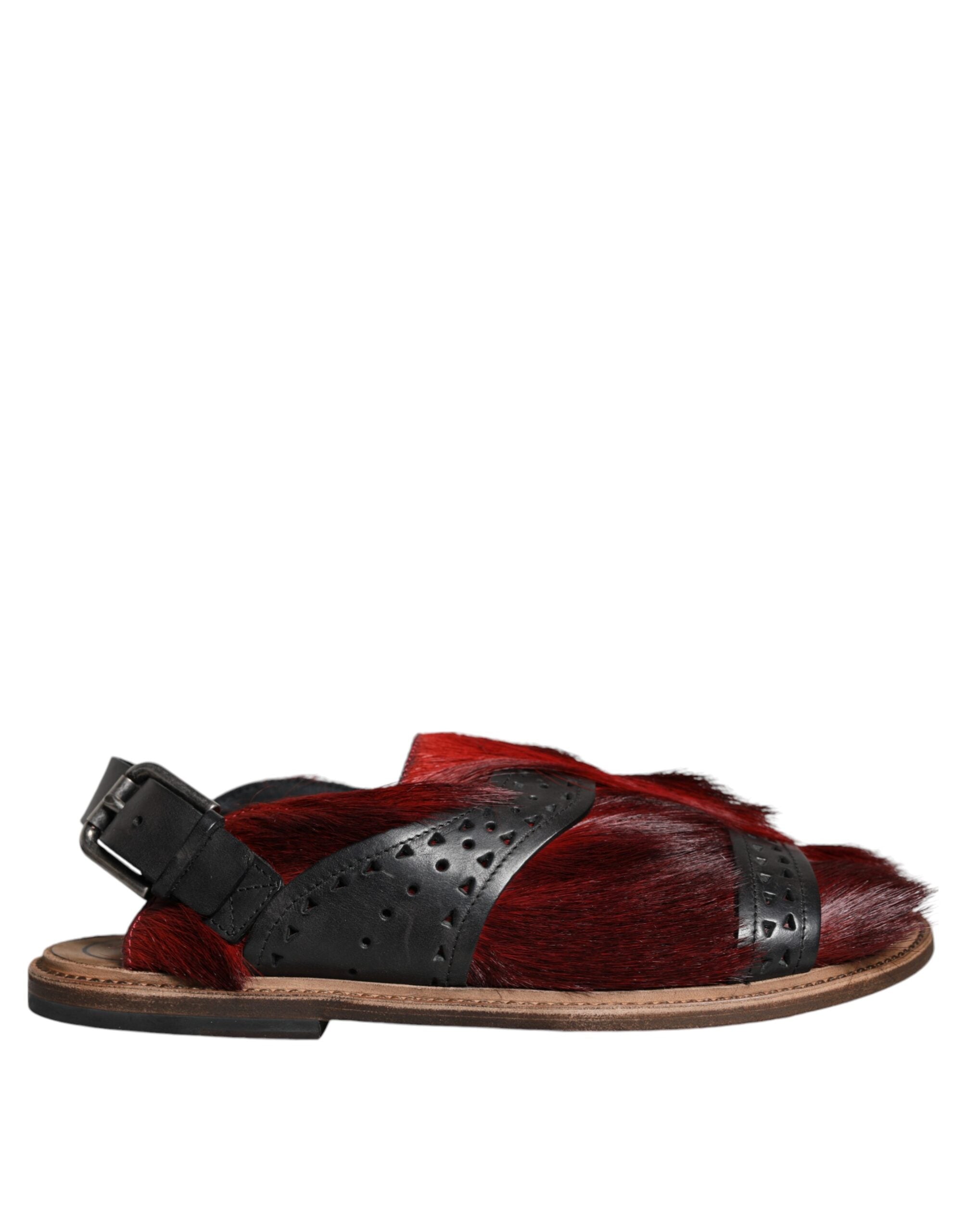 Black Red Gazelle Hair Leather Sandals Shoes - ventzia