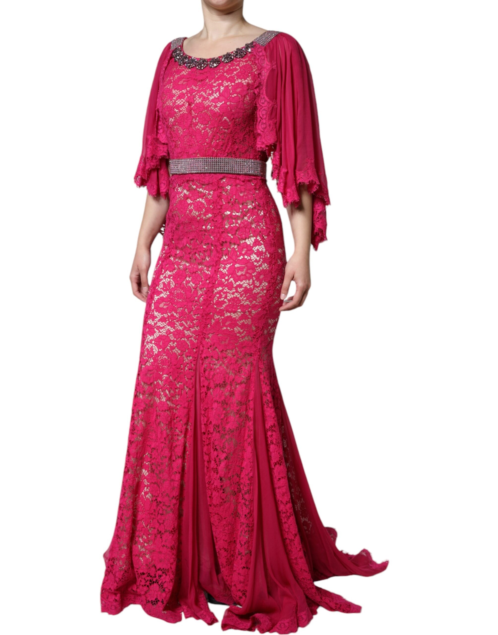 Pink Lace Crystal Sheath Long Gown Dress - ventzia