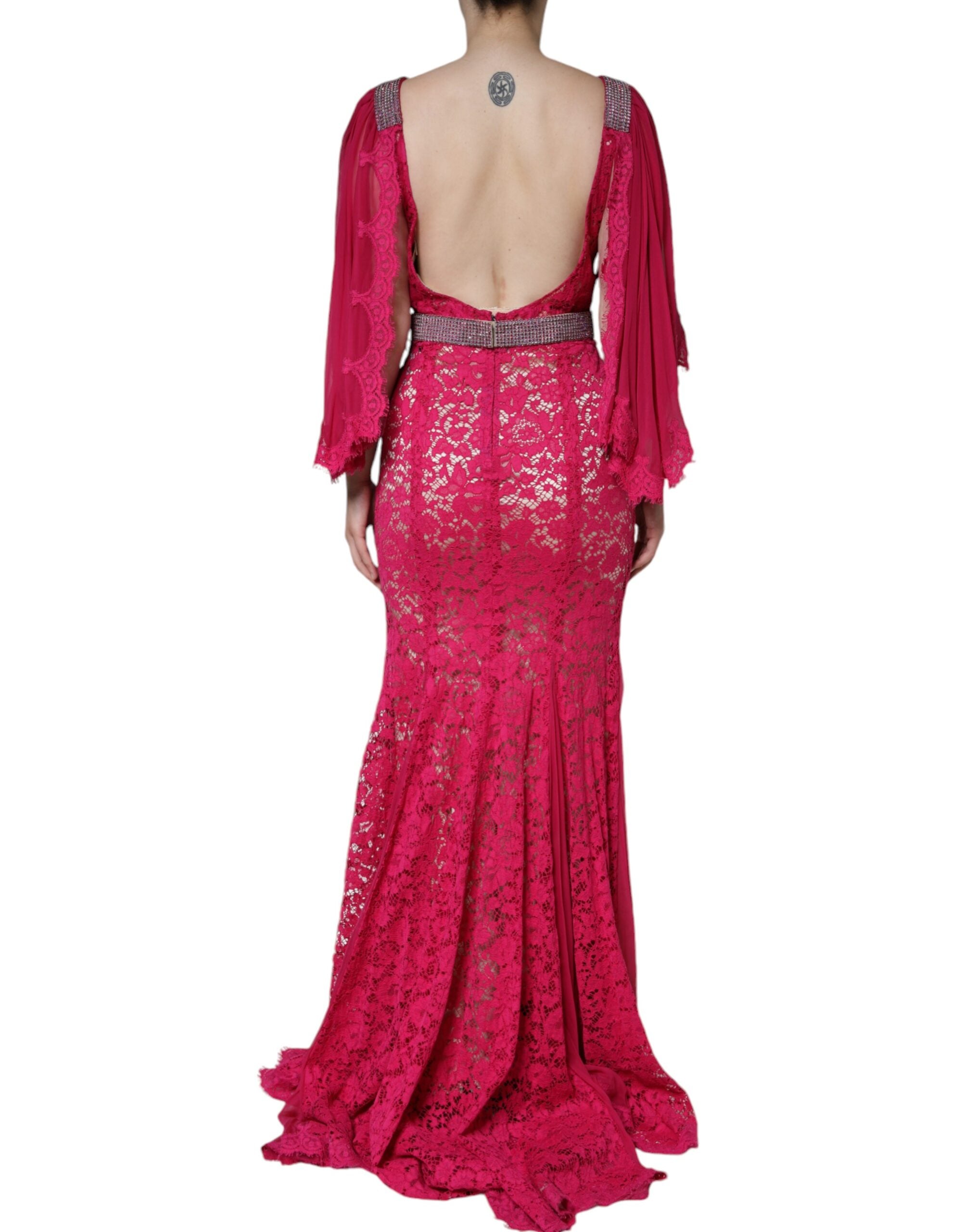 Pink Lace Crystal Sheath Long Gown Dress - ventzia