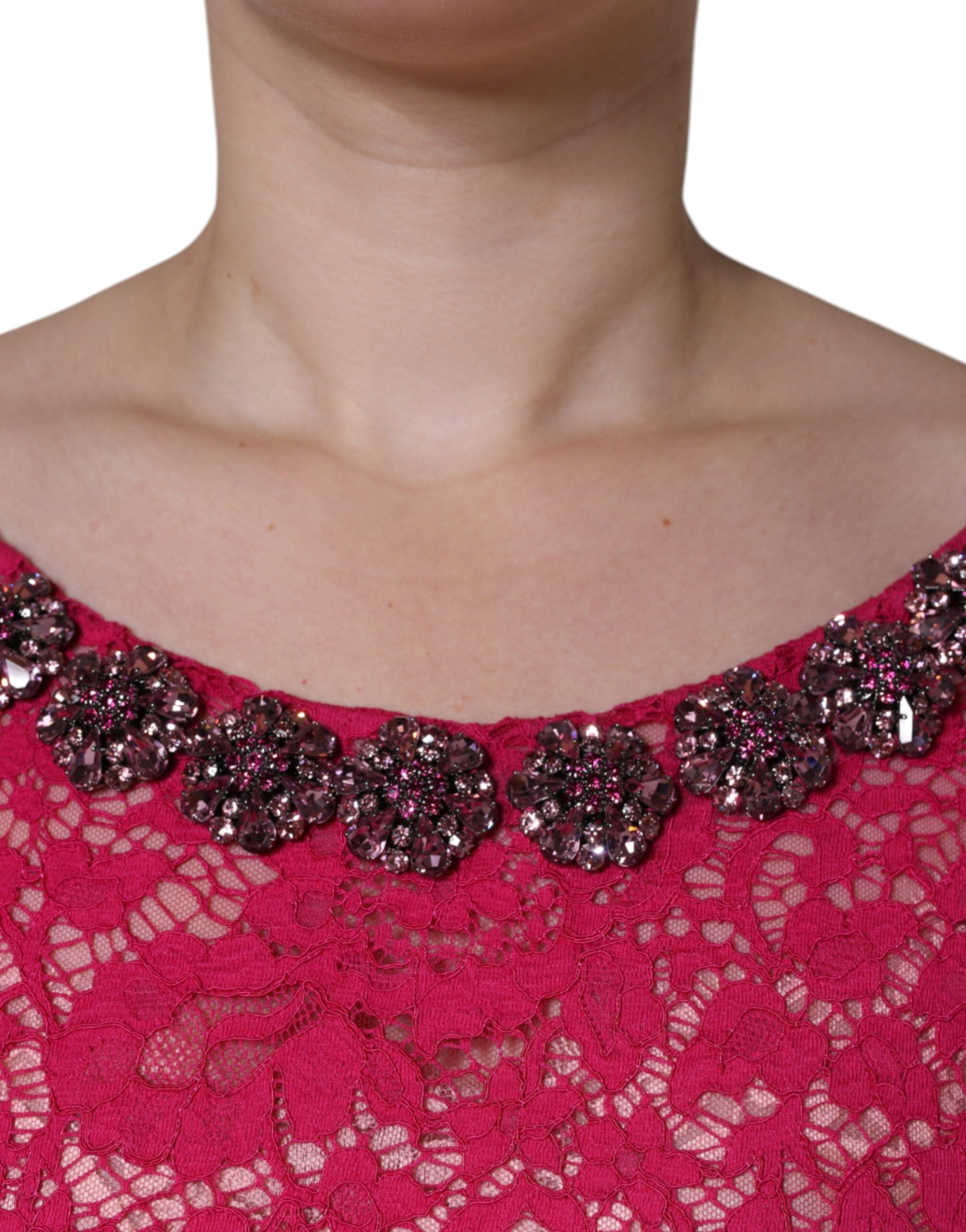 Pink Lace Crystal Sheath Long Gown Dress - ventzia