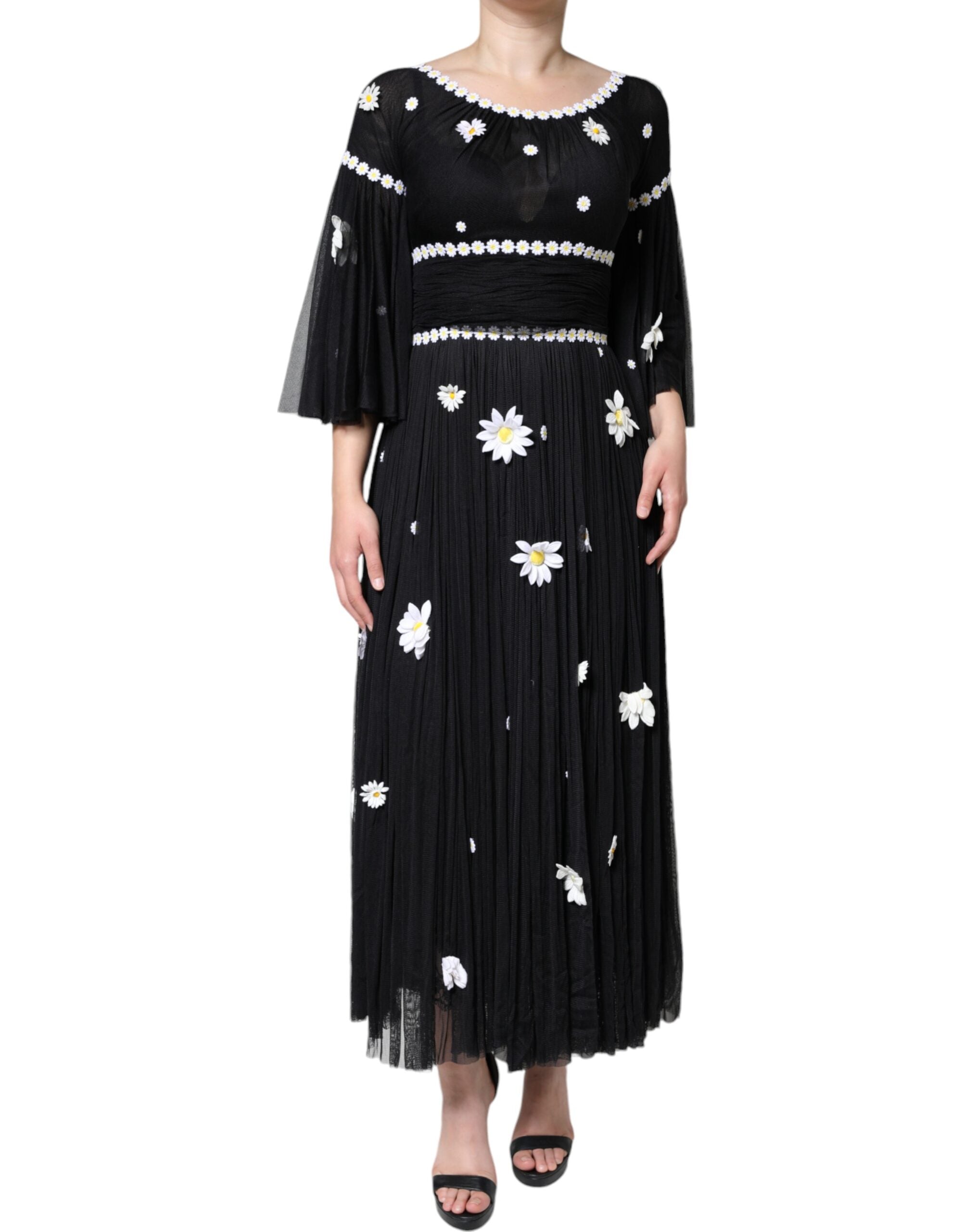 Black Silk Daisy A-line Long Maxi Dress - ventzia