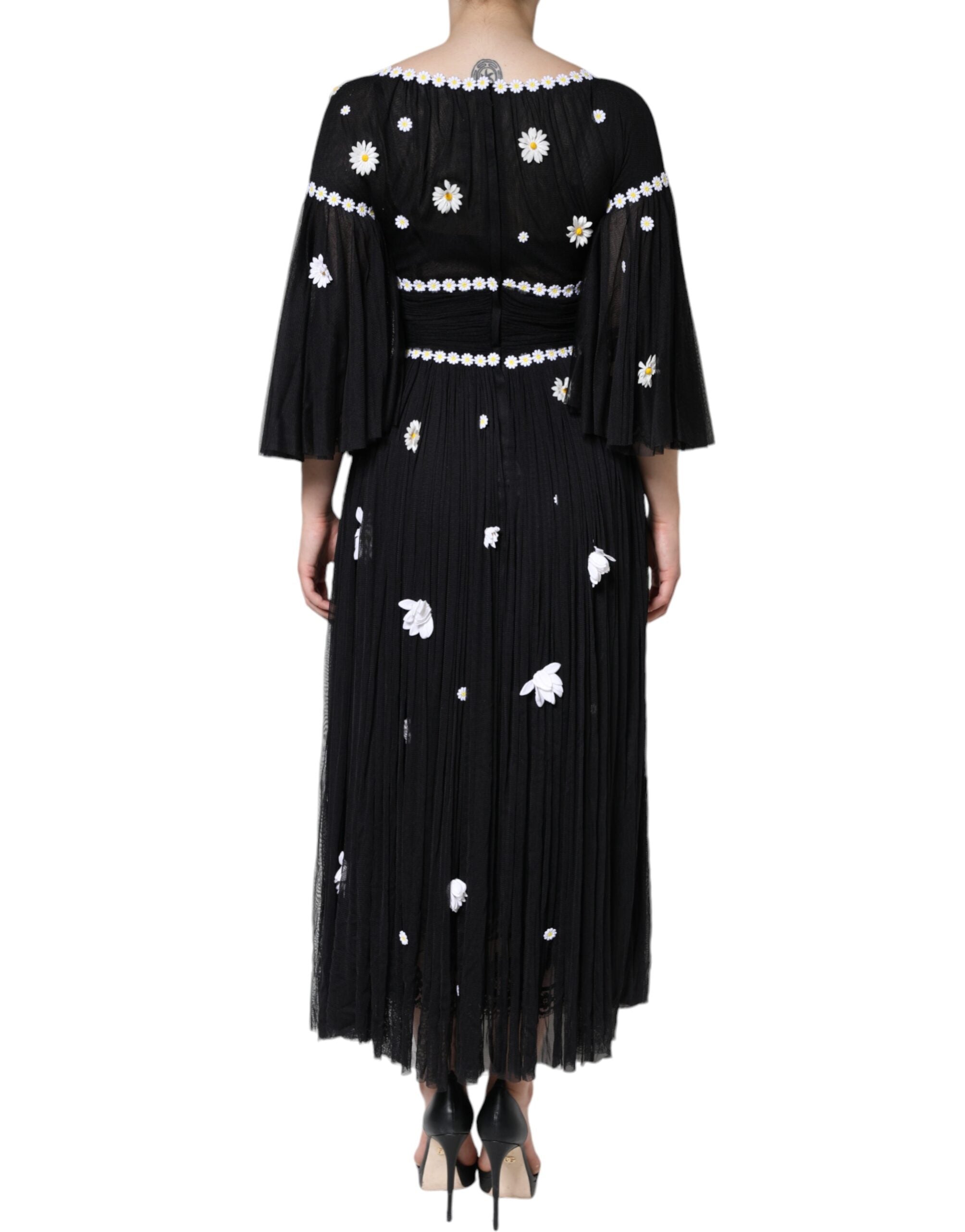 Black Silk Daisy A-line Long Maxi Dress - ventzia