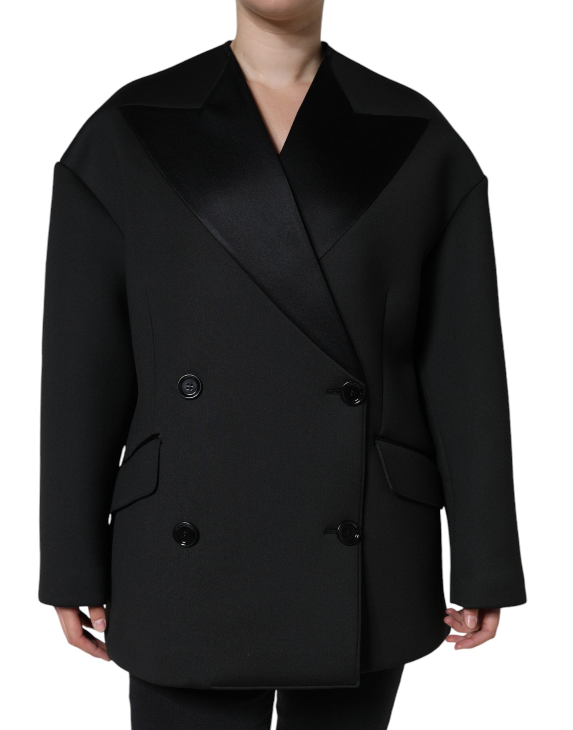 Black Polyester Double Breasted Coat Jacket - ventzia