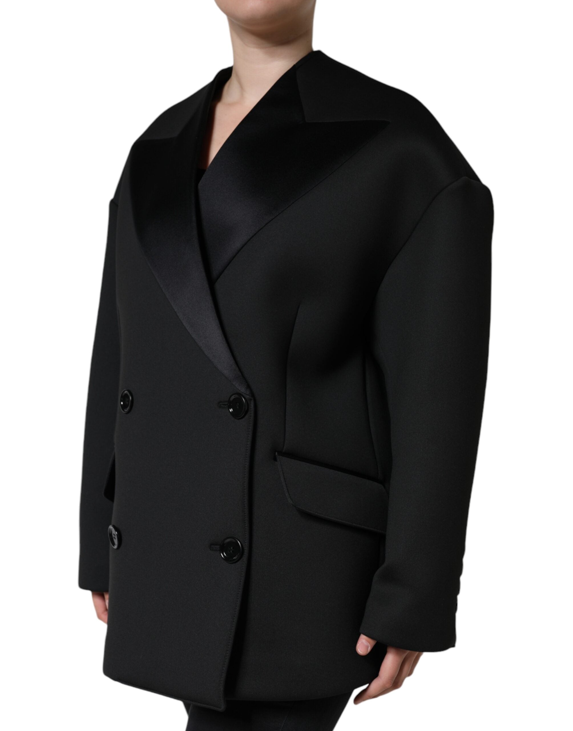 Black Polyester Double Breasted Coat Jacket - ventzia