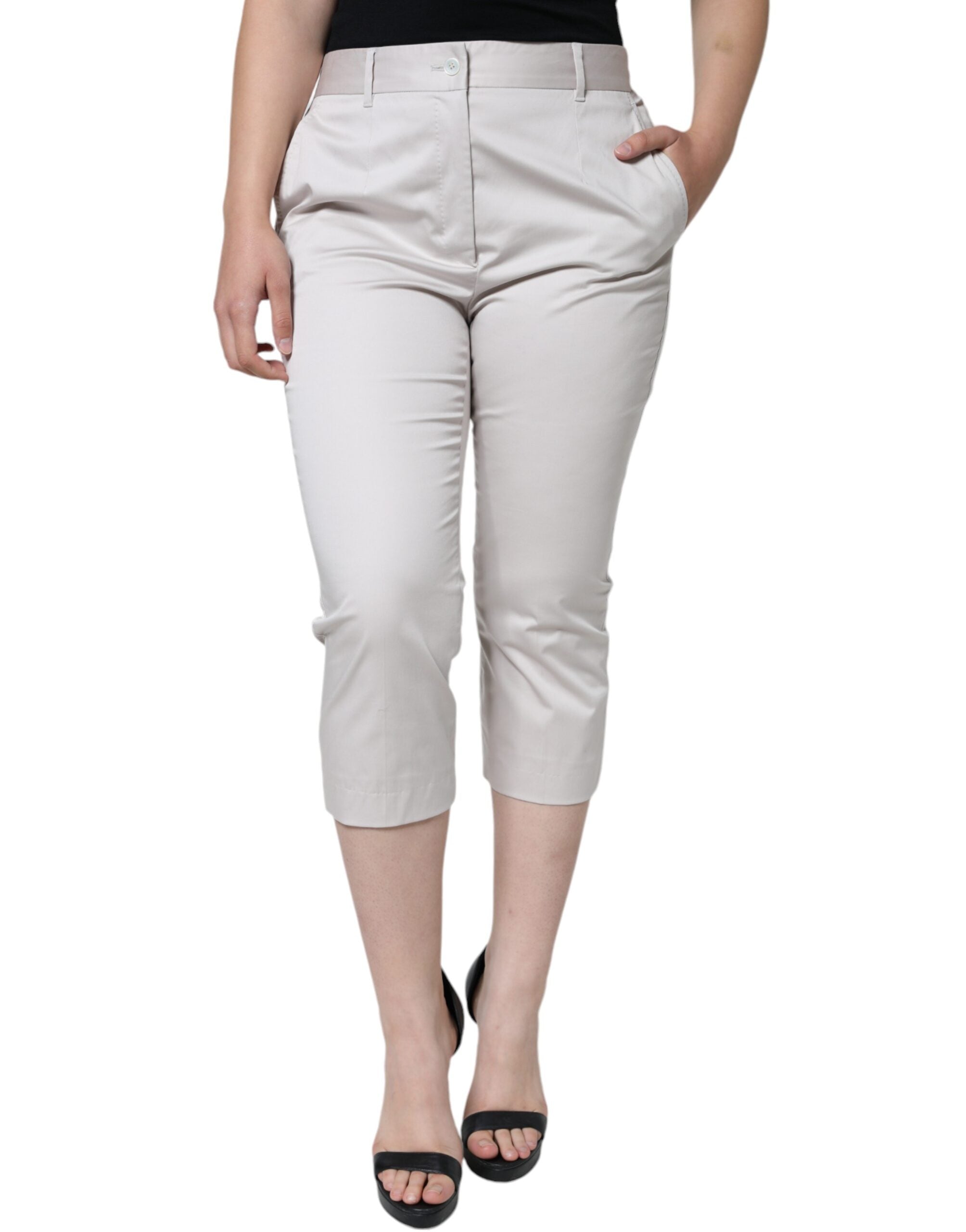 White Cotton Mid Waist Cropped Skinny Pants - ventzia