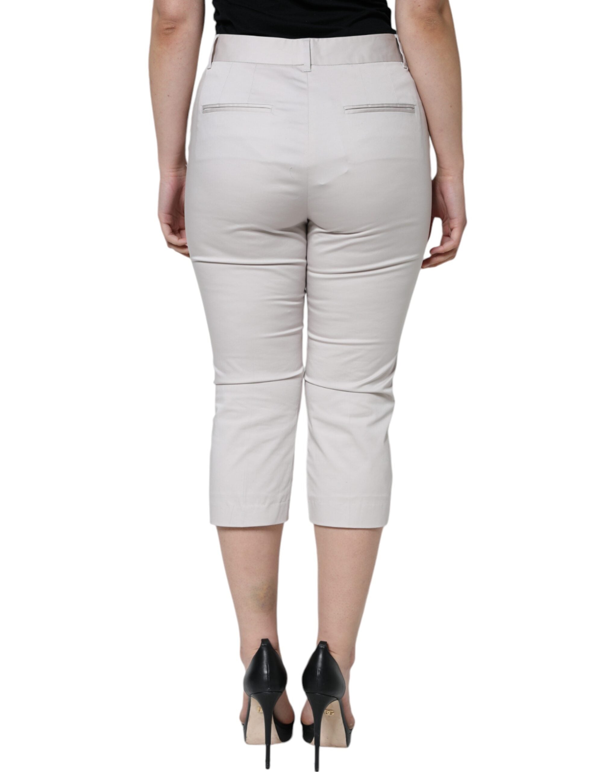 White Cotton Mid Waist Cropped Skinny Pants - ventzia