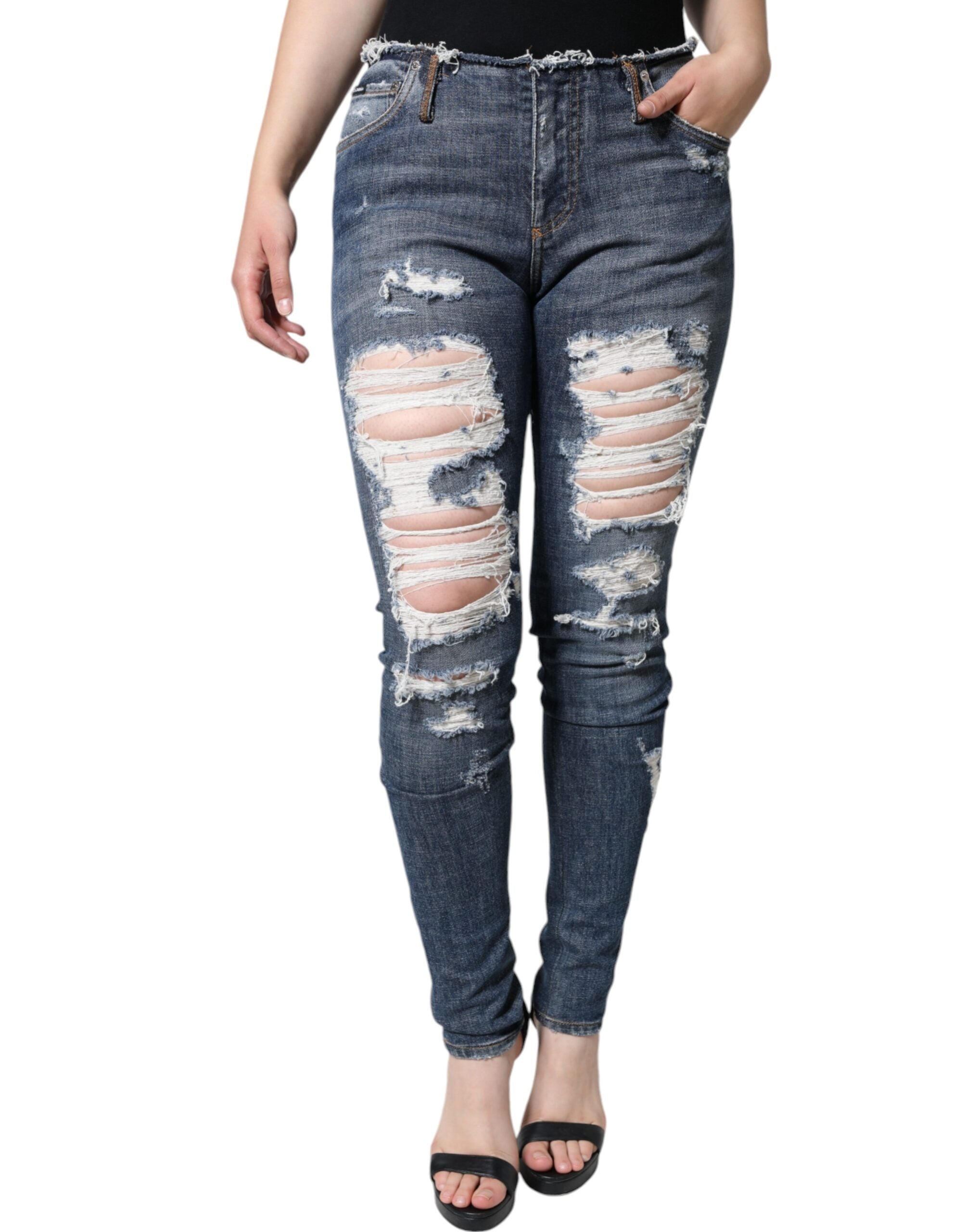 Blue Cotton Stretch Tattered Skinny Jeans - ventzia