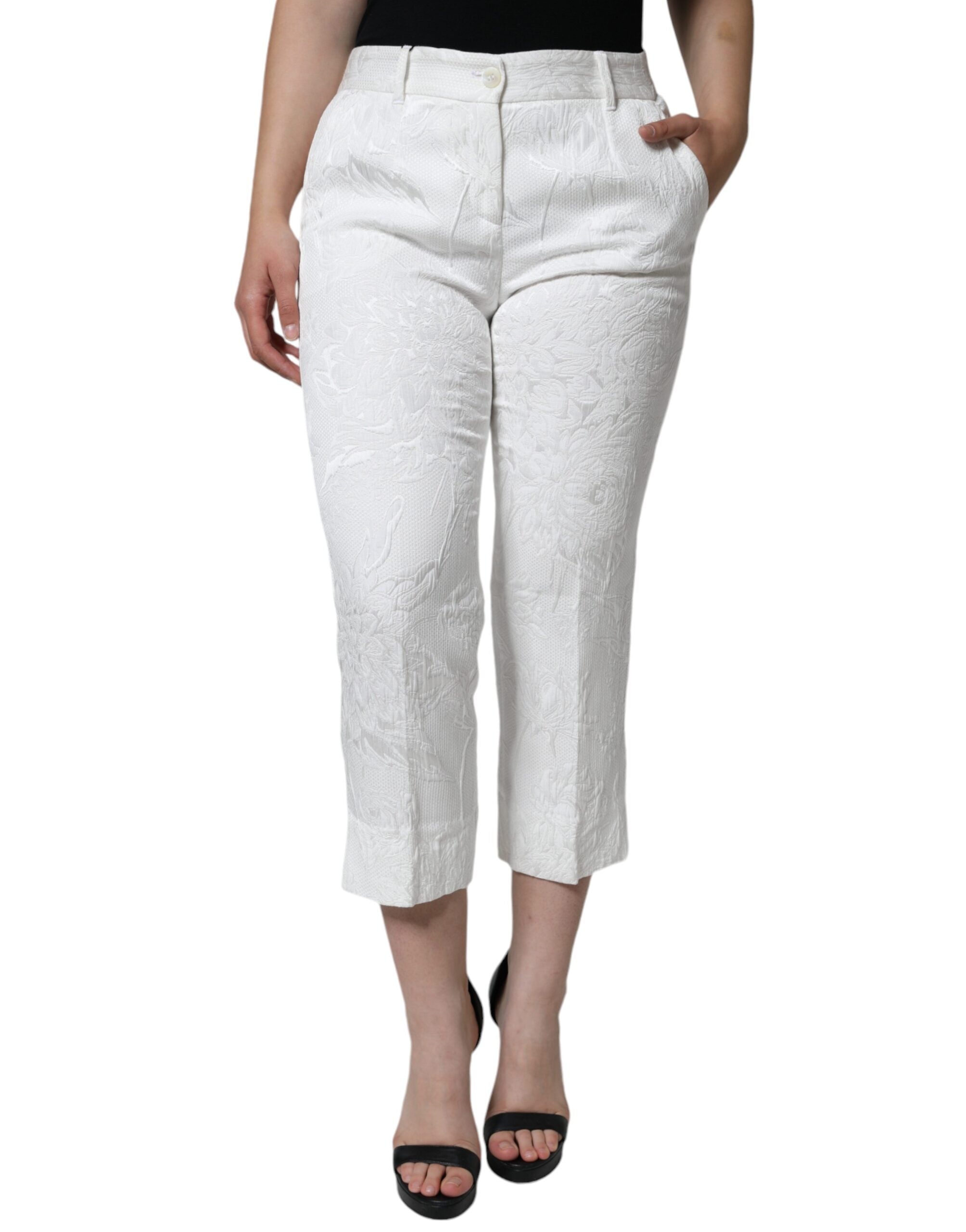 White Floral Brocade Cotton Cropped Pants - ventzia
