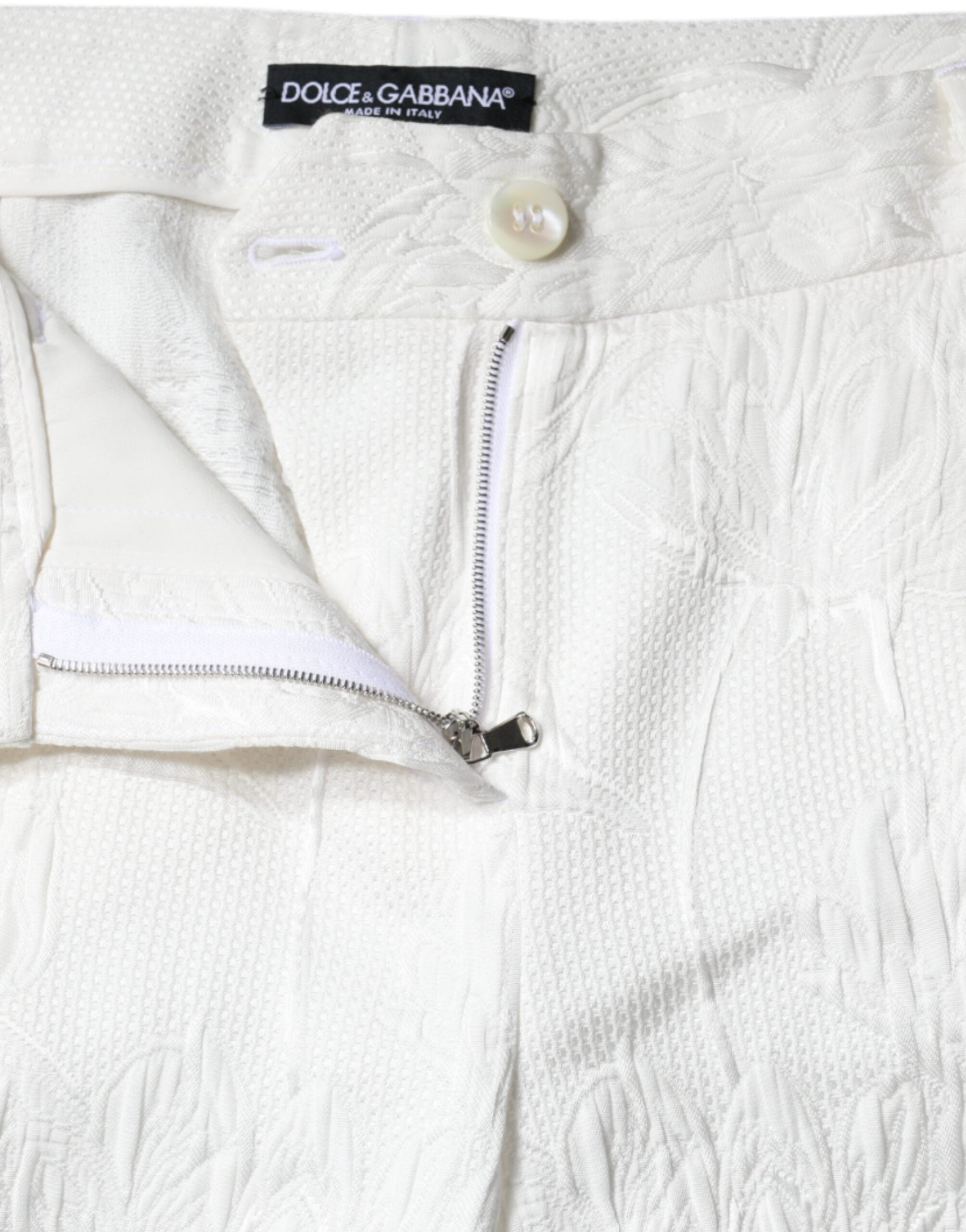 White Floral Brocade Cotton Cropped Pants - ventzia