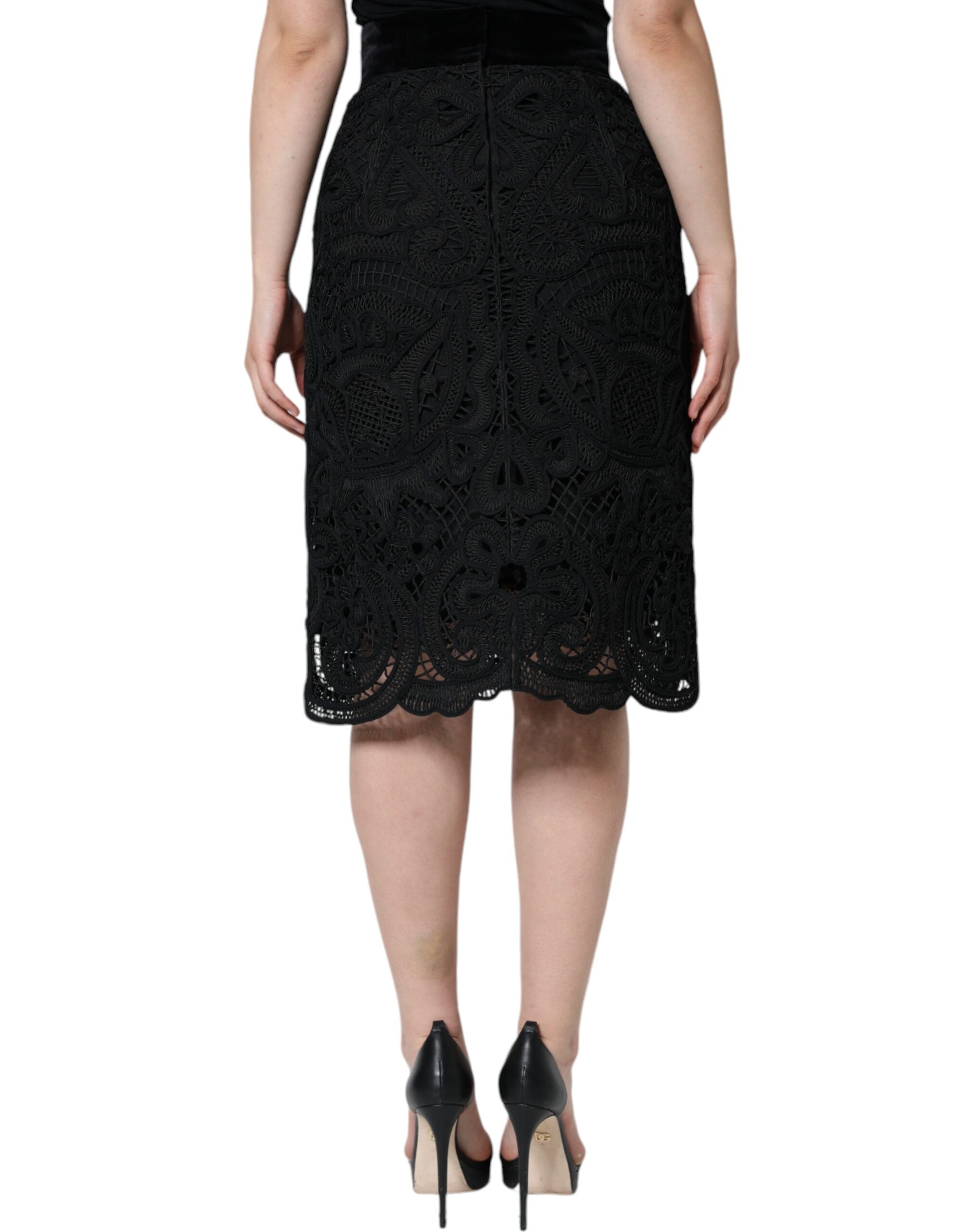 Black Floral Lace High Waist Pencil Cut Skirt - ventzia