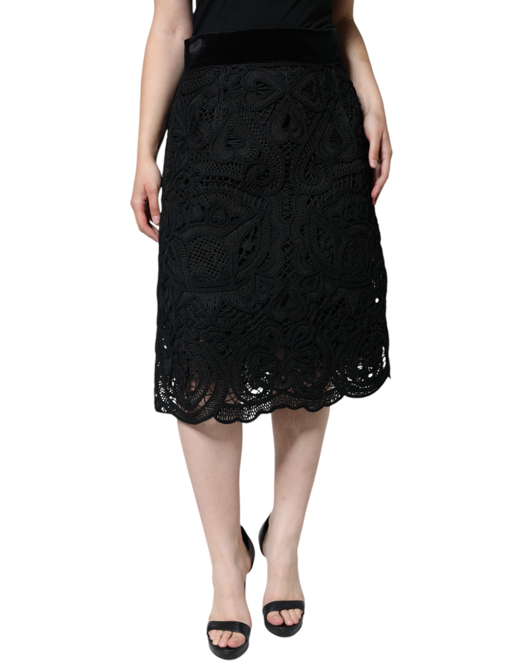 Black Floral Lace High Waist Pencil Cut Skirt - ventzia
