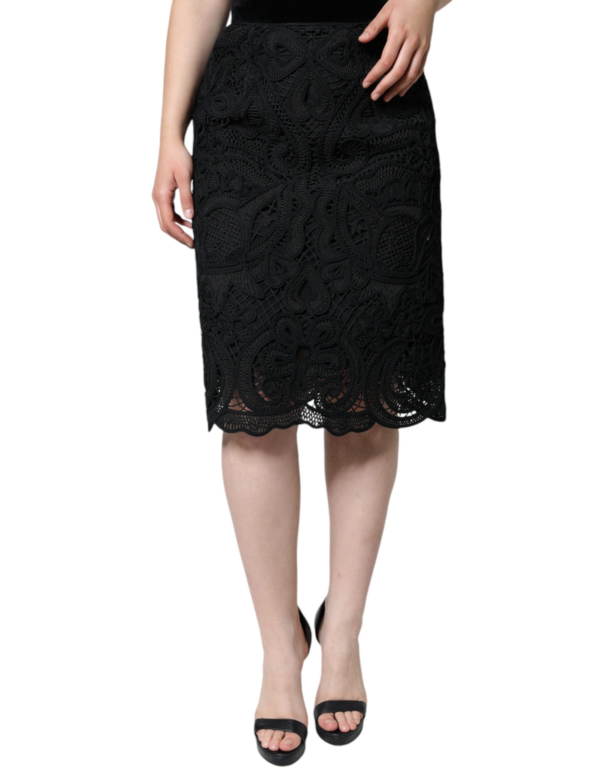 Black Floral Lace HighWaist Pencil Cut Skirt - ventzia