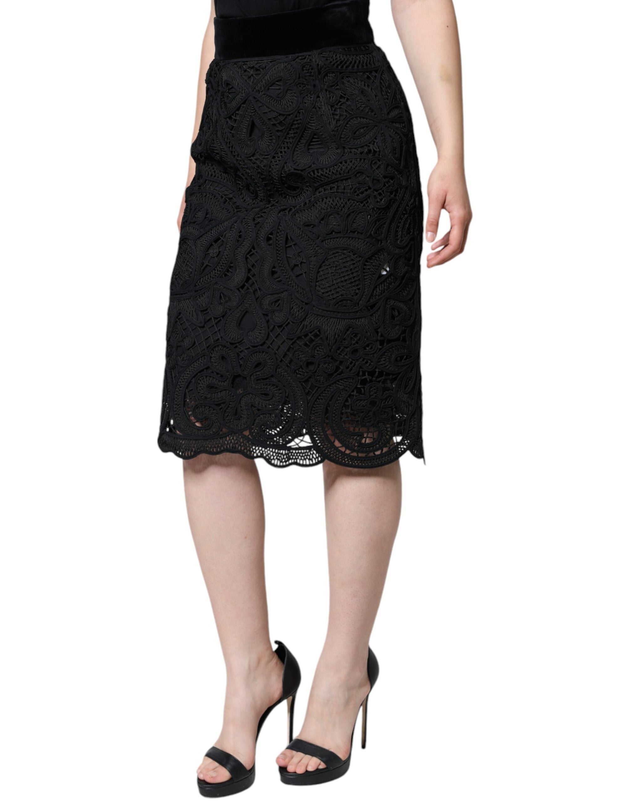 Black Floral Lace HighWaist Pencil Cut Skirt - ventzia