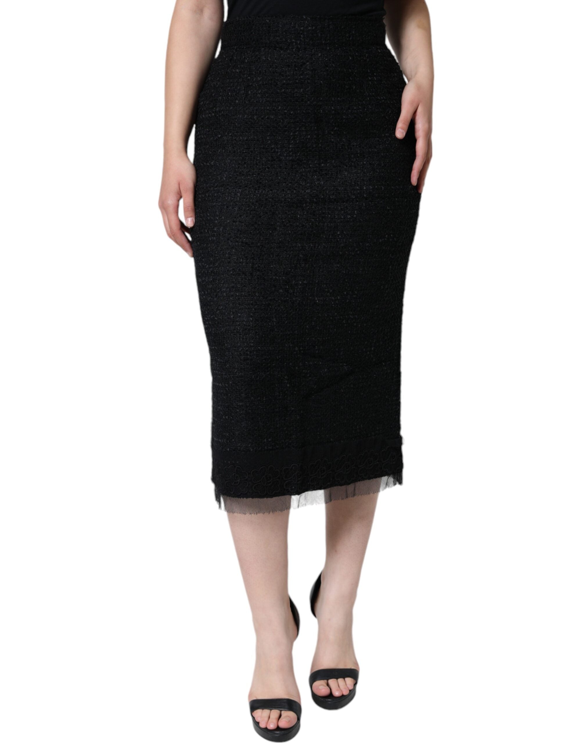 Black Virgin Wool Pencil Cut Midi Skirt - ventzia