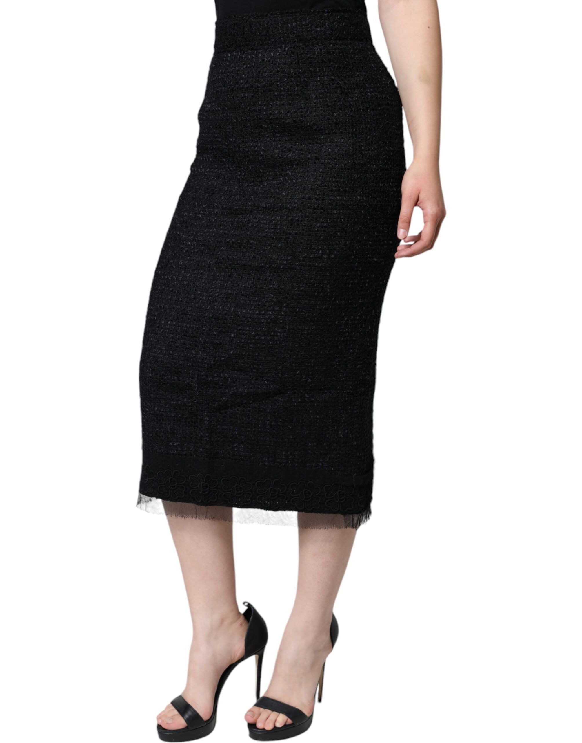 Black Virgin Wool Pencil Cut Midi Skirt - ventzia