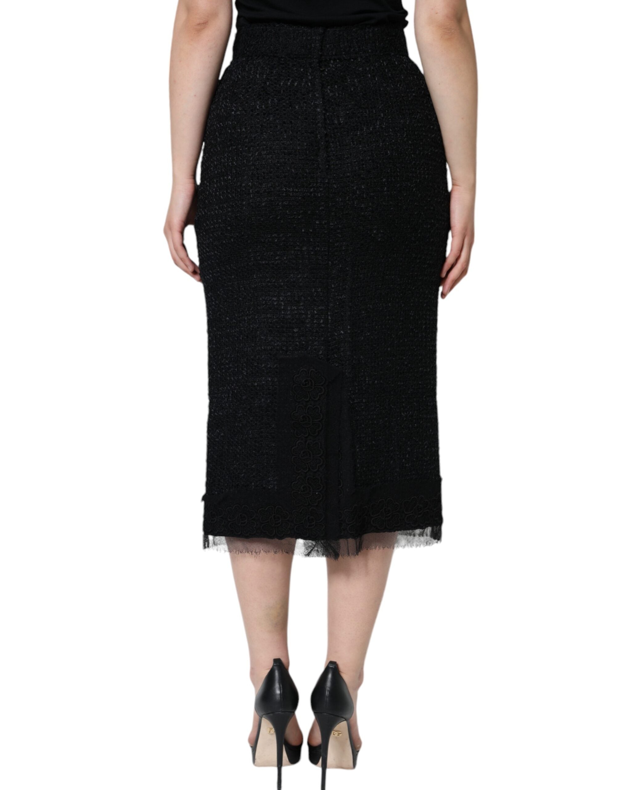 Black Virgin Wool Pencil Cut Midi Skirt - ventzia