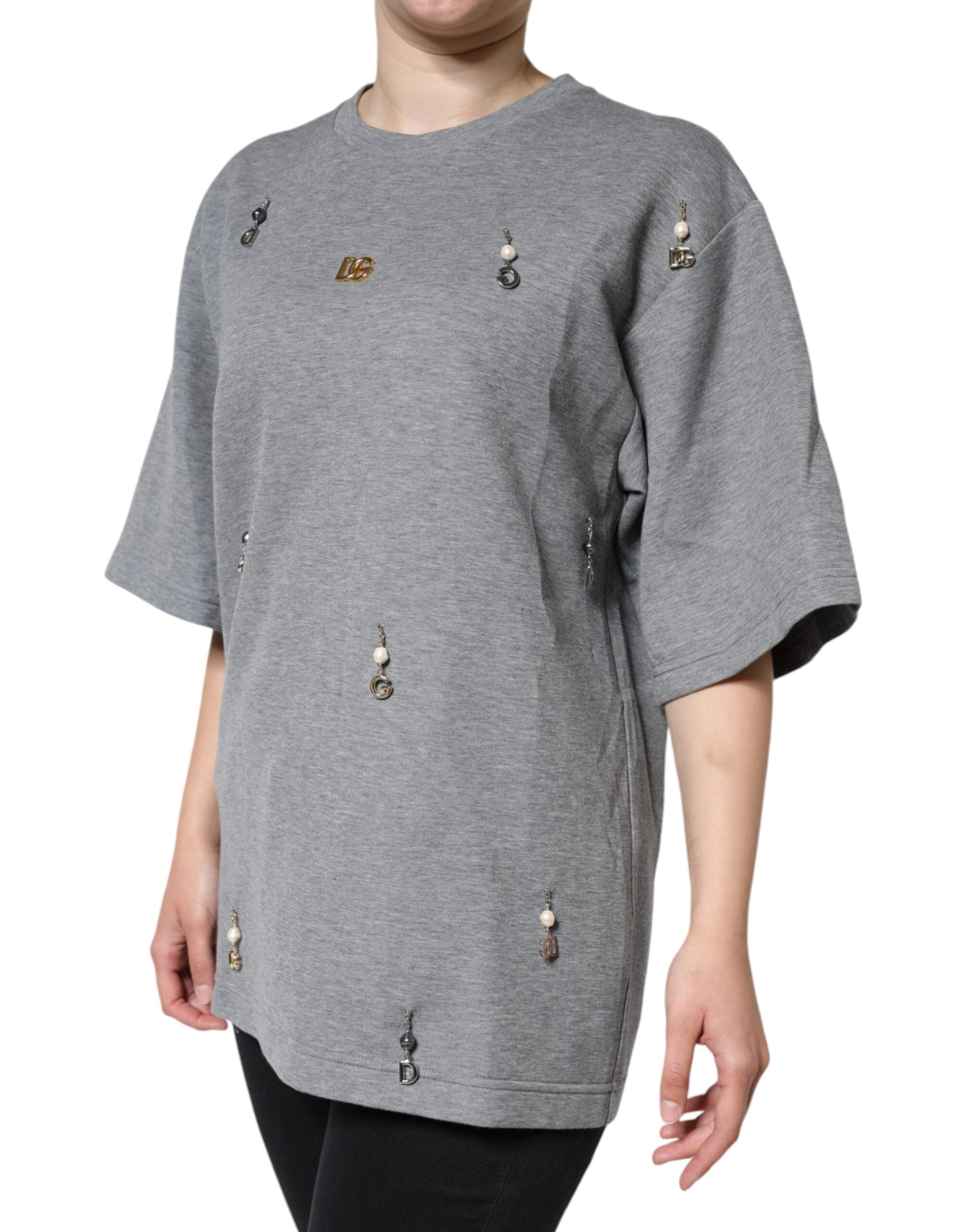 Gray Cotton Blend Embellished Tee T-shirt - ventzia