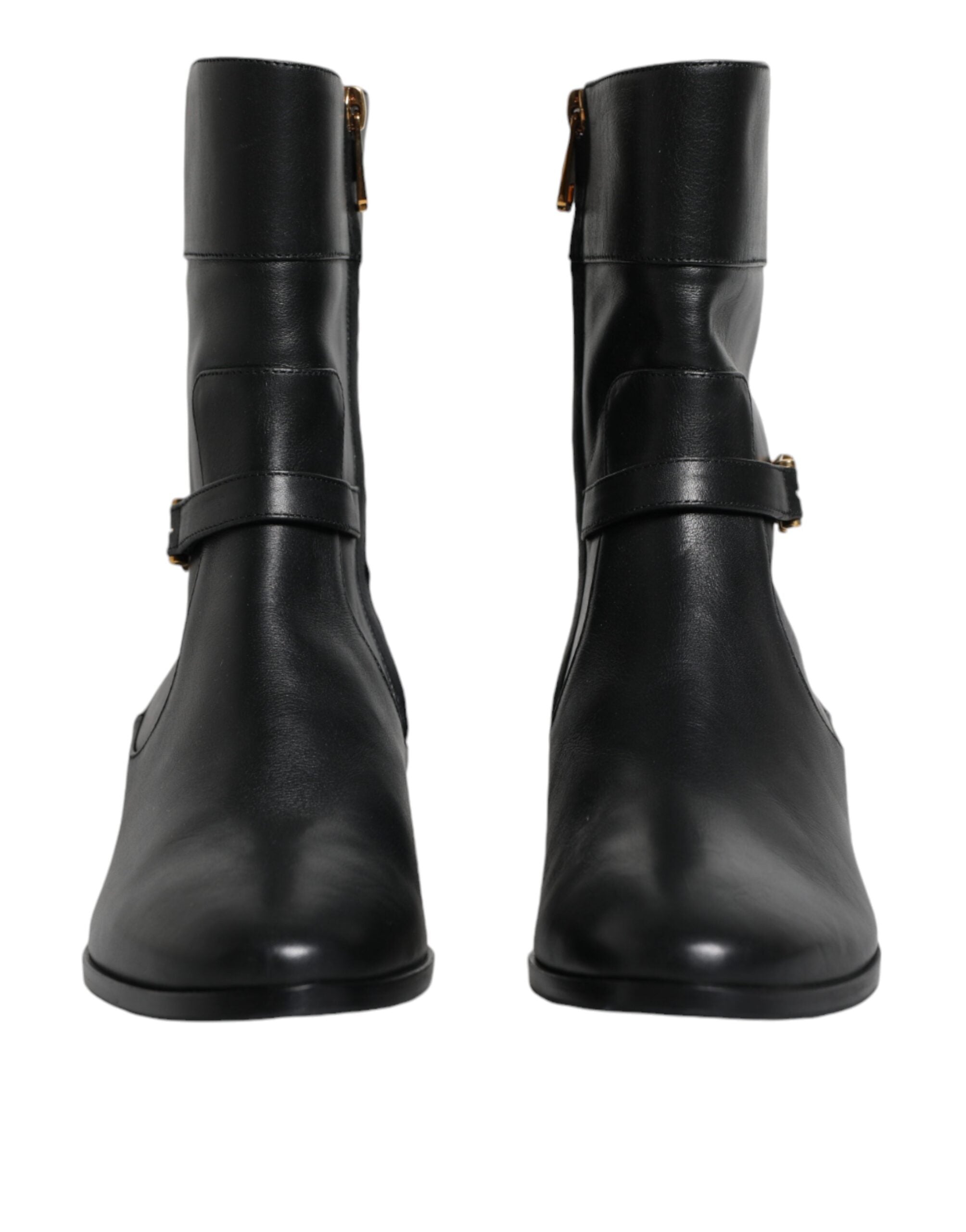 Black Leather Logo Mid Calf Boots Shoes - ventzia