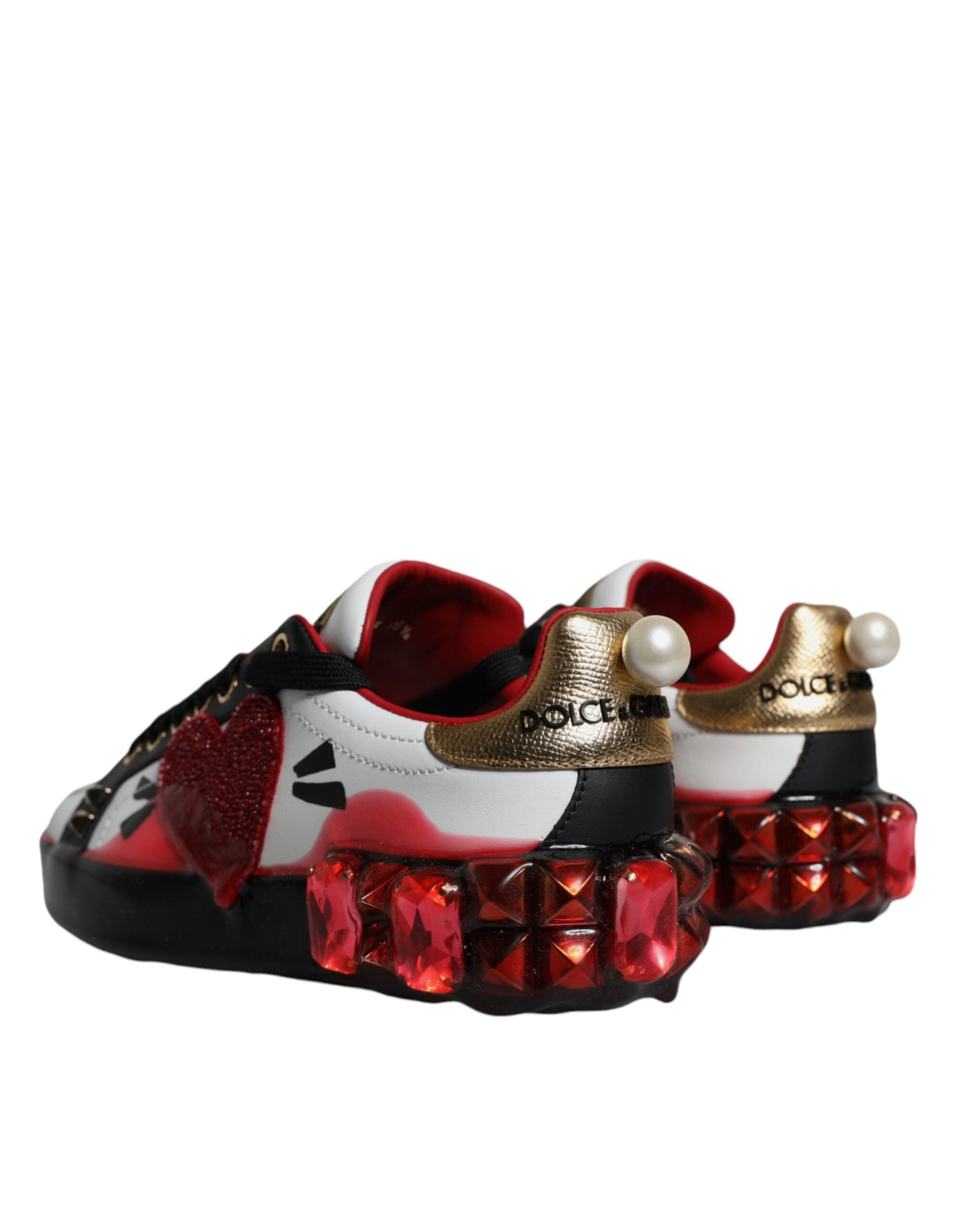 White Red Crystals Leather Portofino Sneakers Shoes - ventzia
