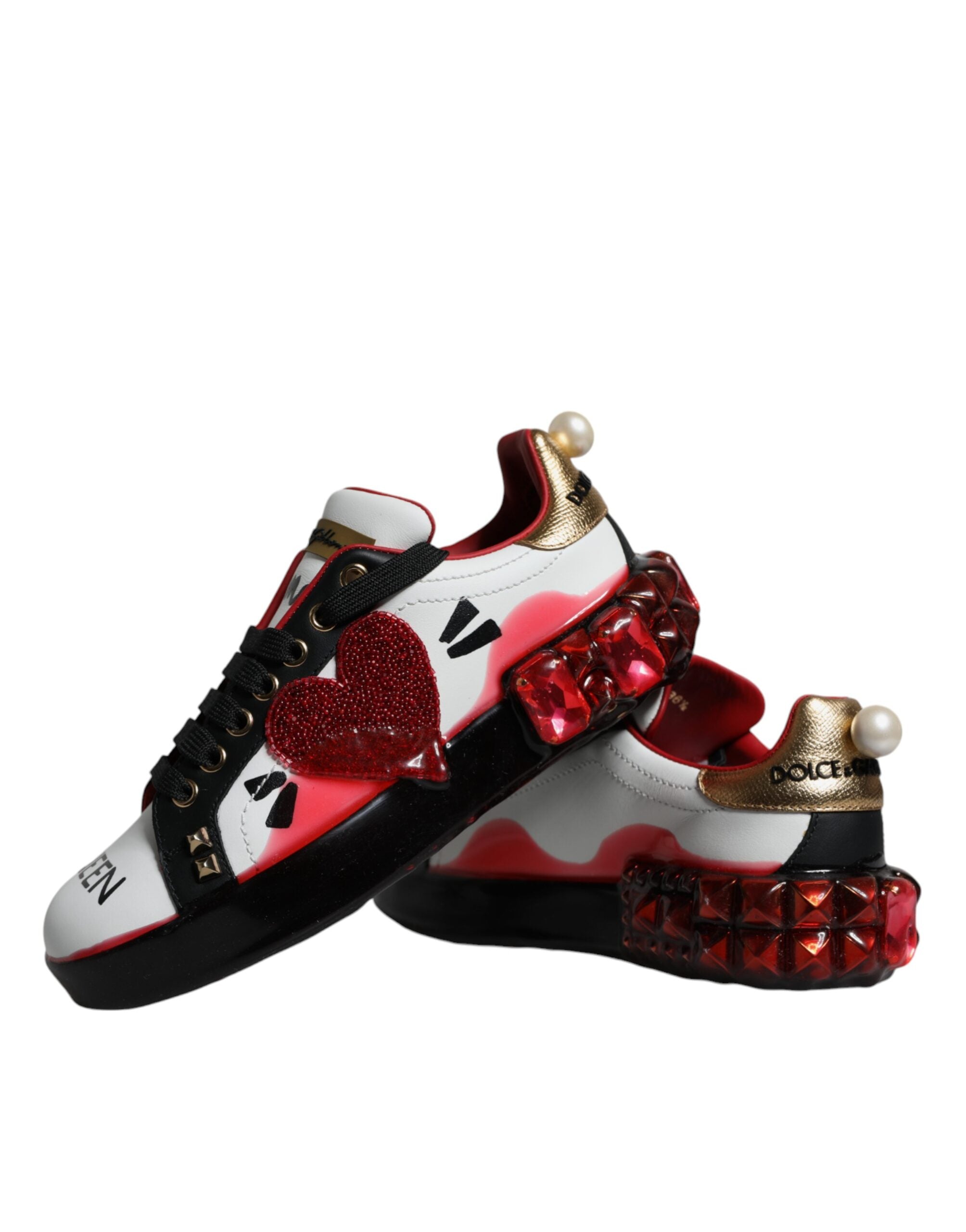 White Red Crystals Leather Portofino Sneakers Shoes - ventzia