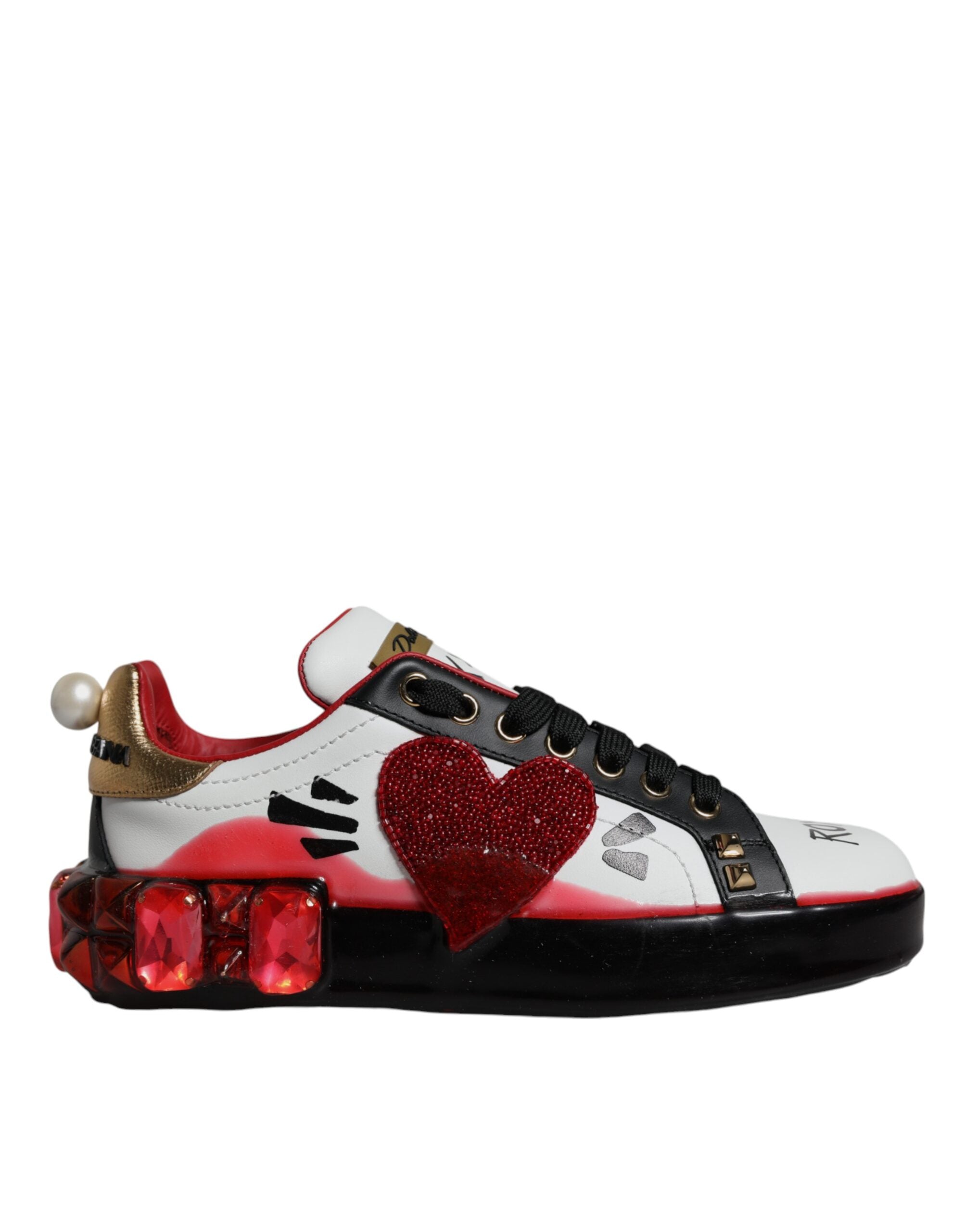 White Red Crystals Leather Portofino Sneakers Shoes - ventzia