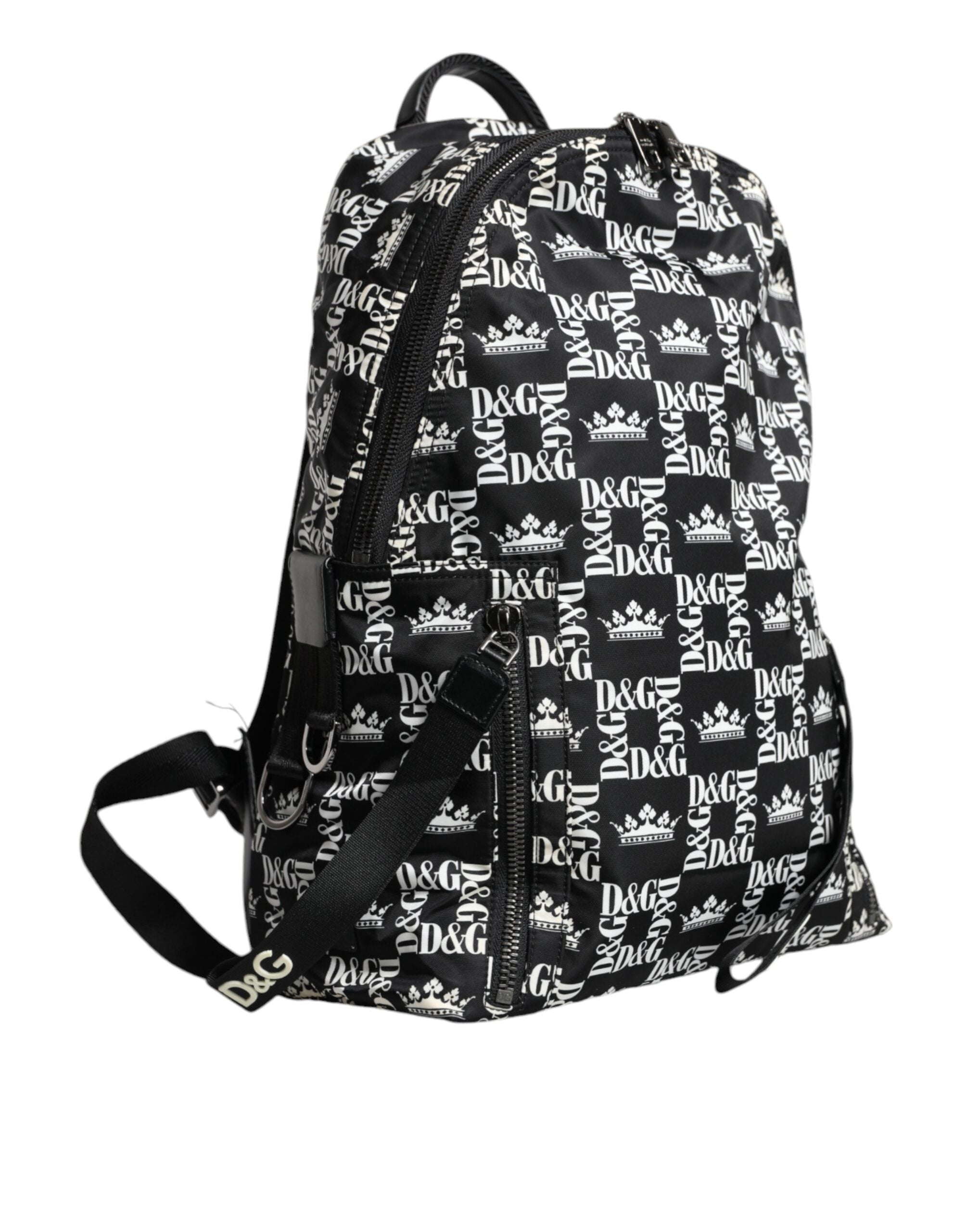 Black White DG Crown Logo Nylon Backpack Bag - ventzia