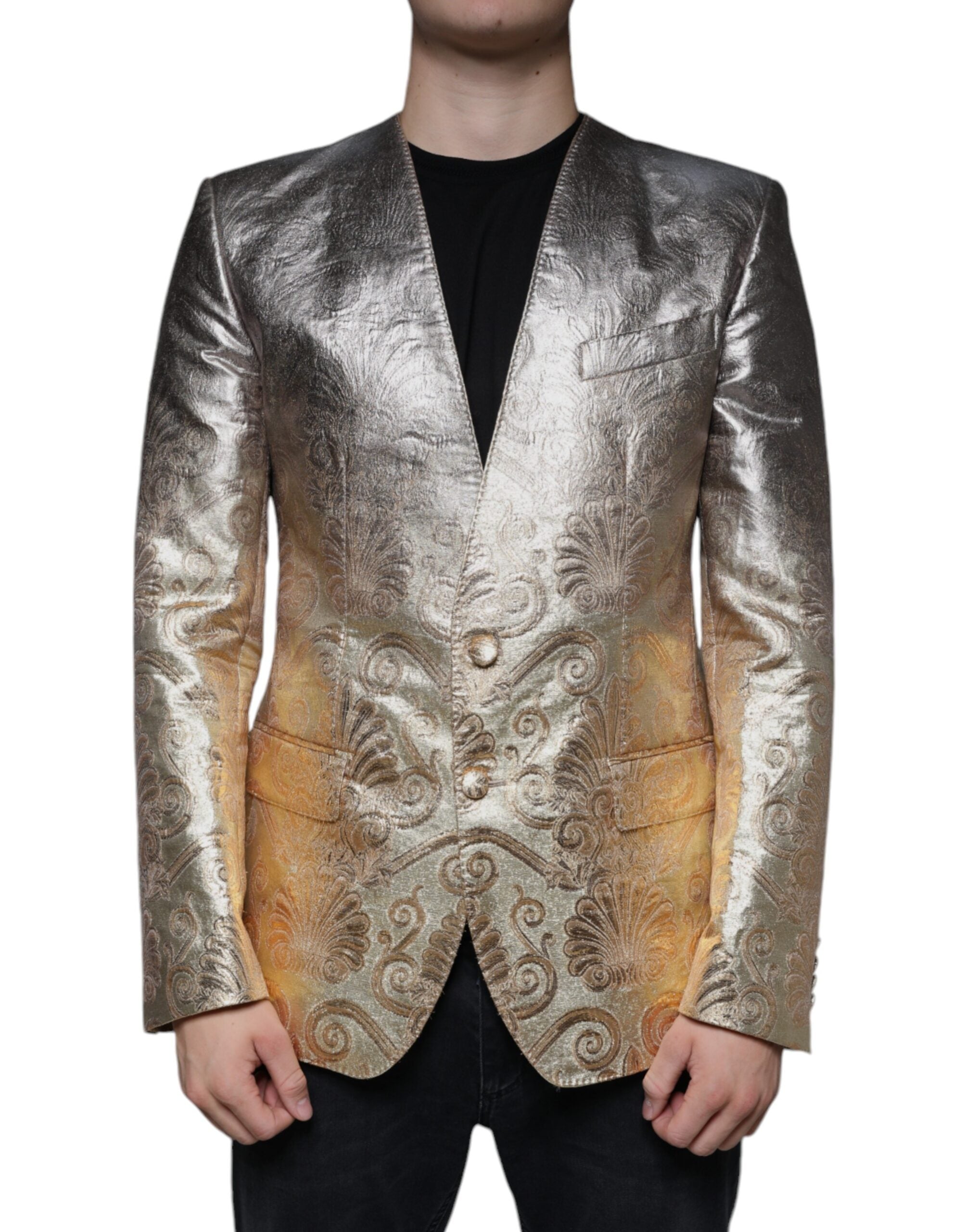 Gold Jacquard Single Breasted Dress Blazer - ventzia