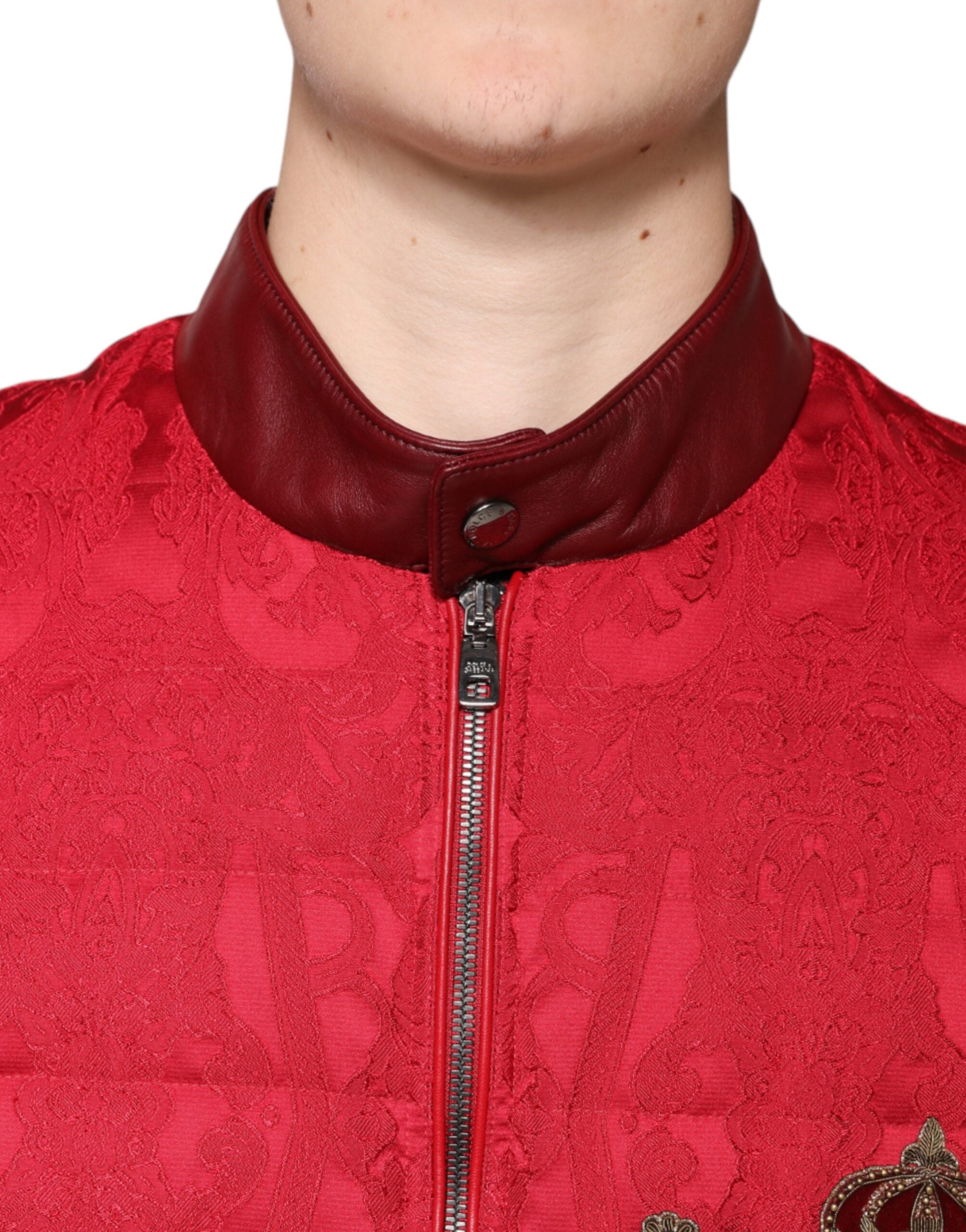 Red Quilted Bomber Gold Crown Logo Jacket - ventzia