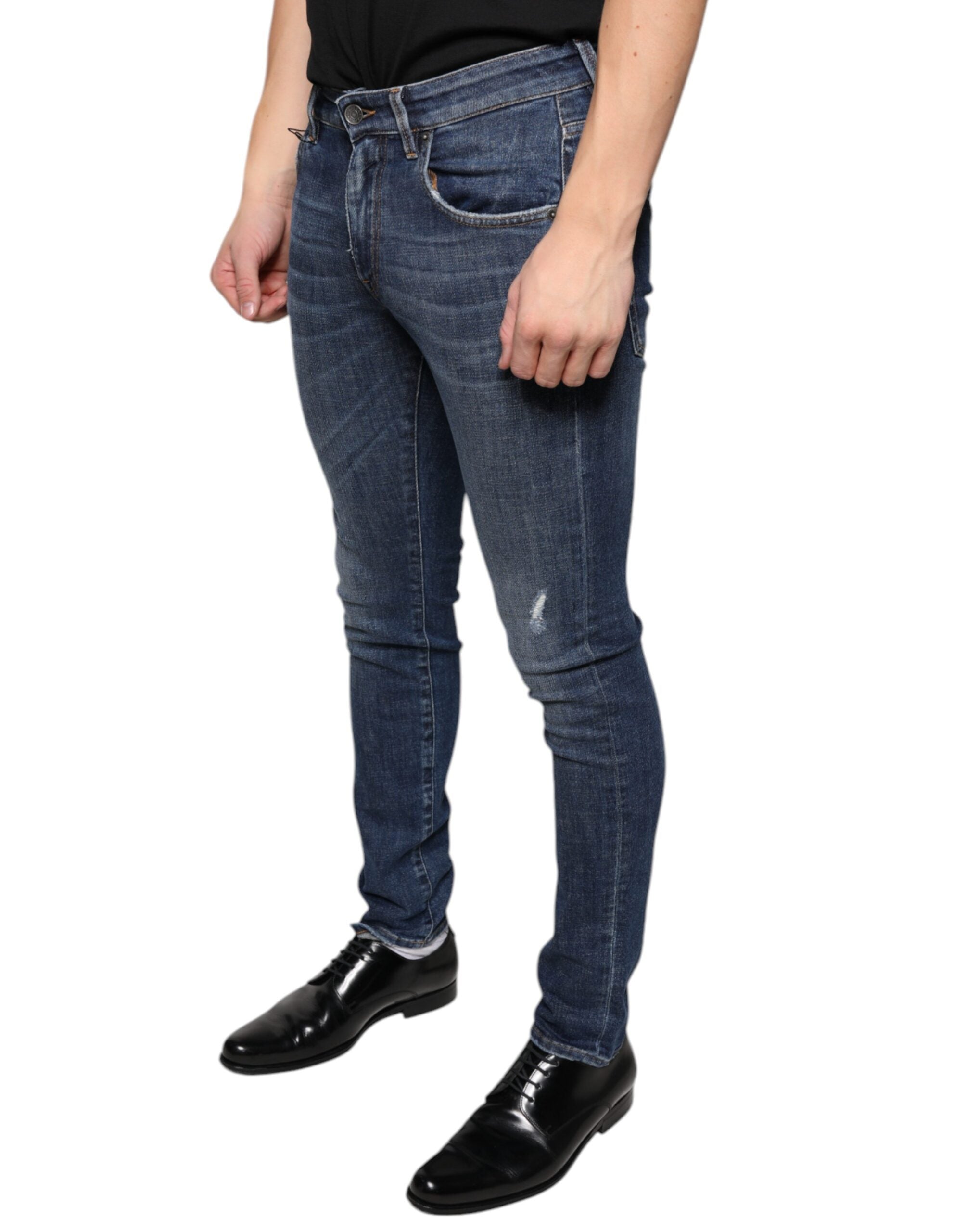 Dark Blue Washed Cotton Skinny Denim Jeans - ventzia