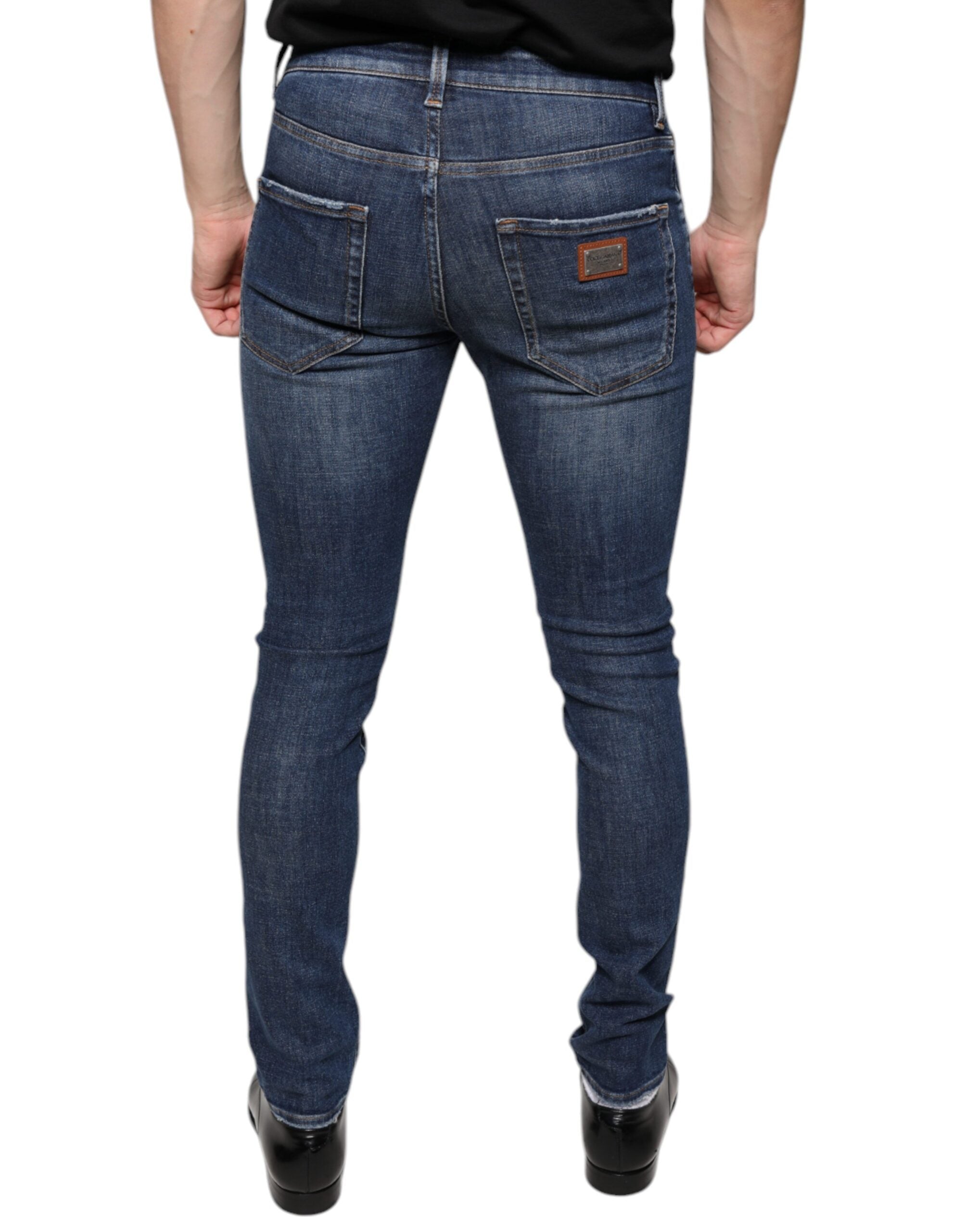 Dark Blue Washed Cotton Skinny Denim Jeans - ventzia