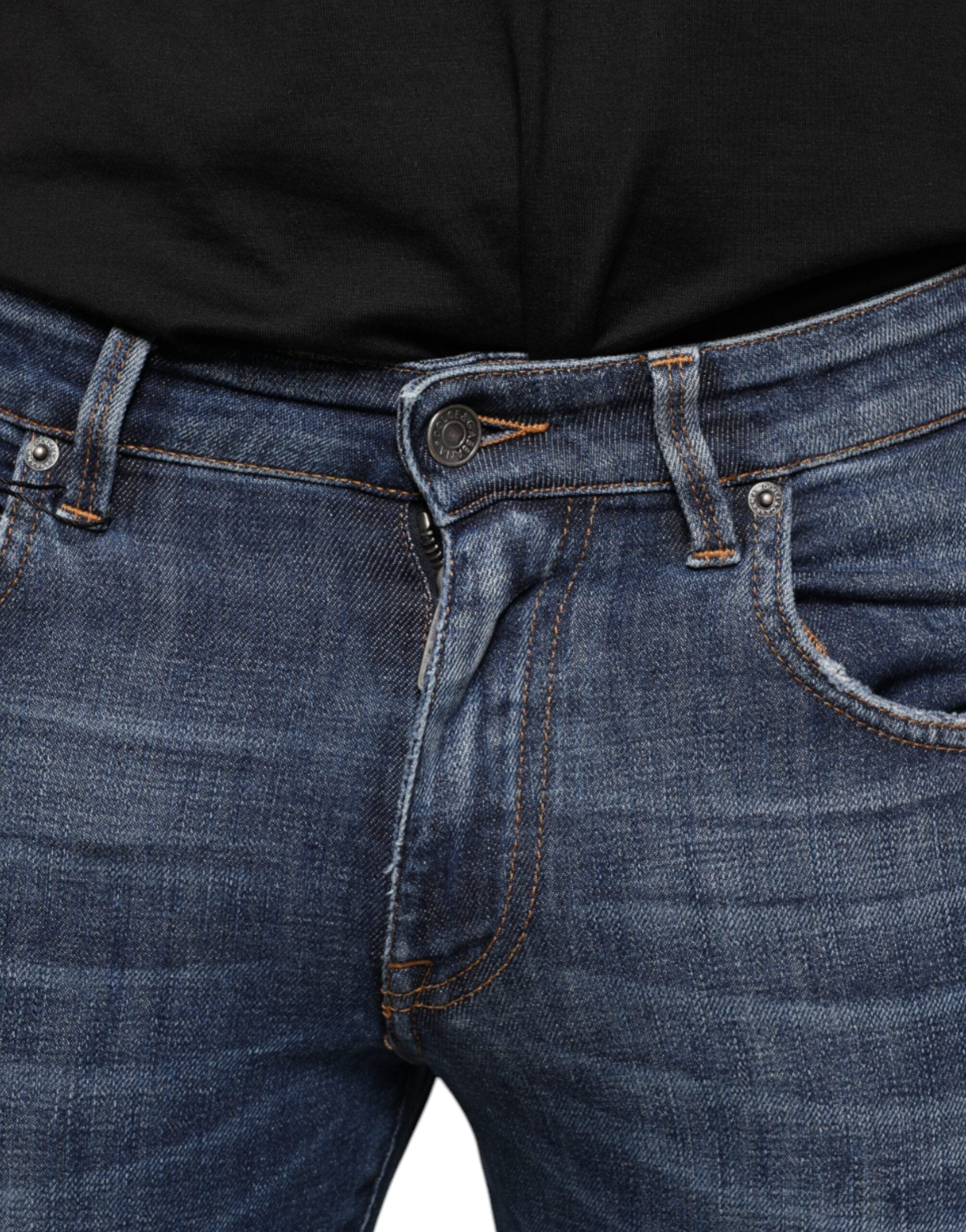 Dark Blue Washed Cotton Skinny Denim Jeans - ventzia