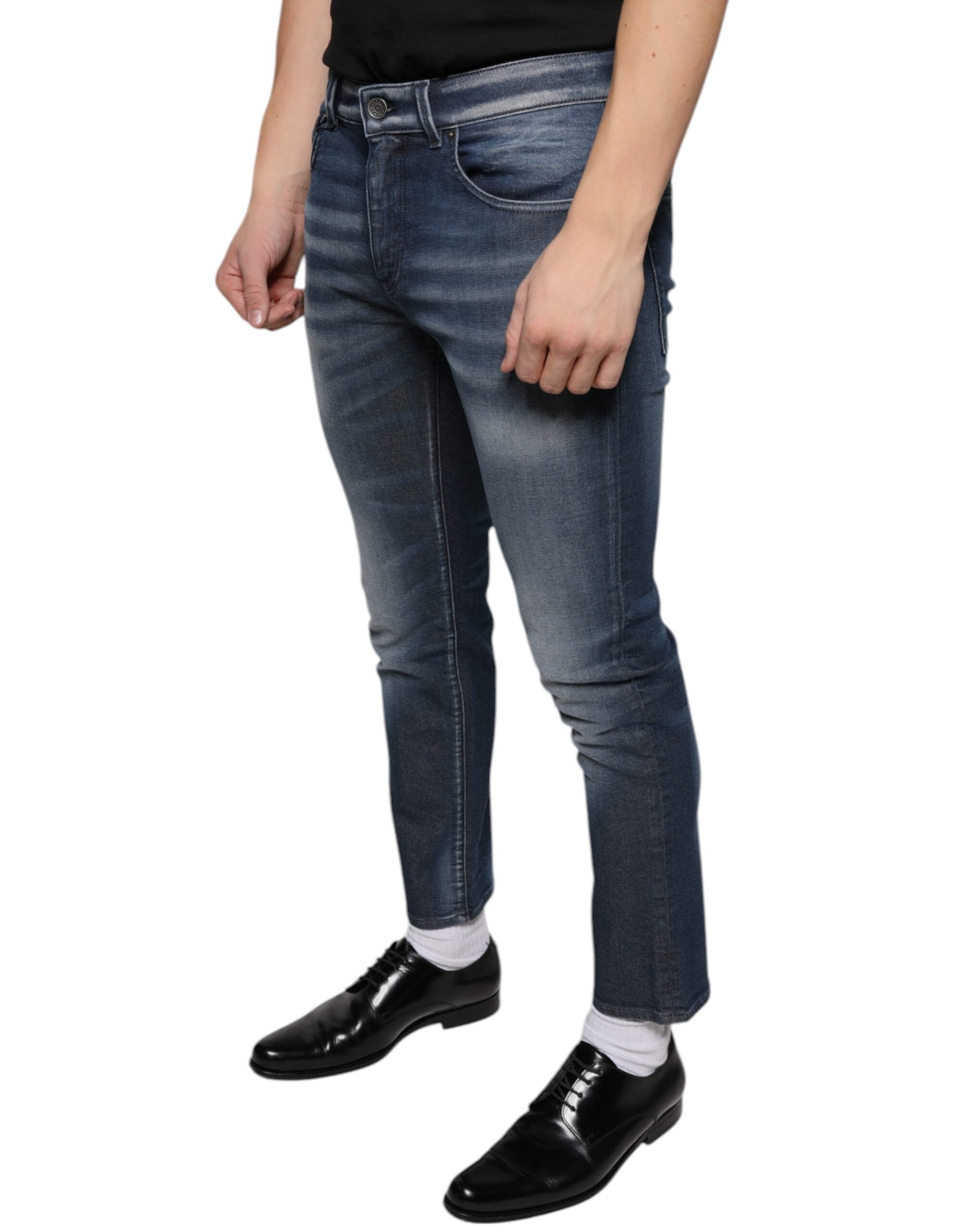 Dark Blue Washed Cotton Skinny Denim Jeans - ventzia