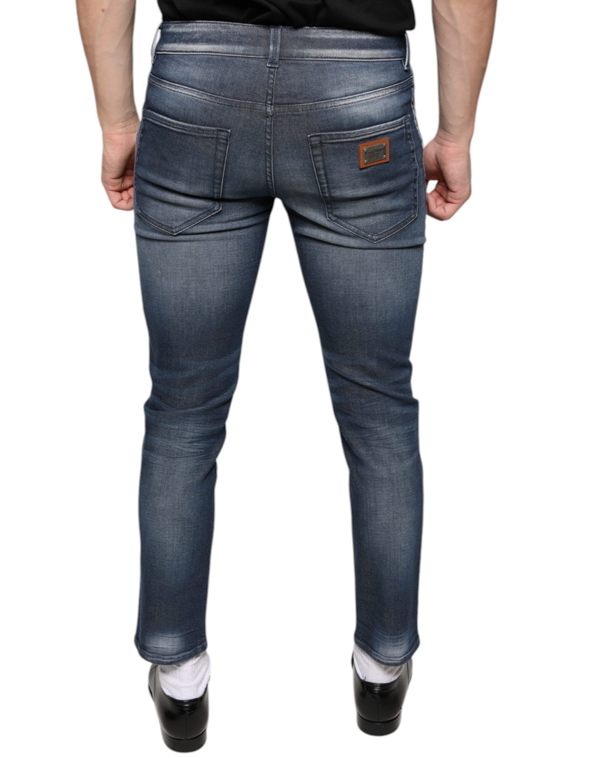 Dark Blue Washed Cotton Skinny Denim Jeans - ventzia