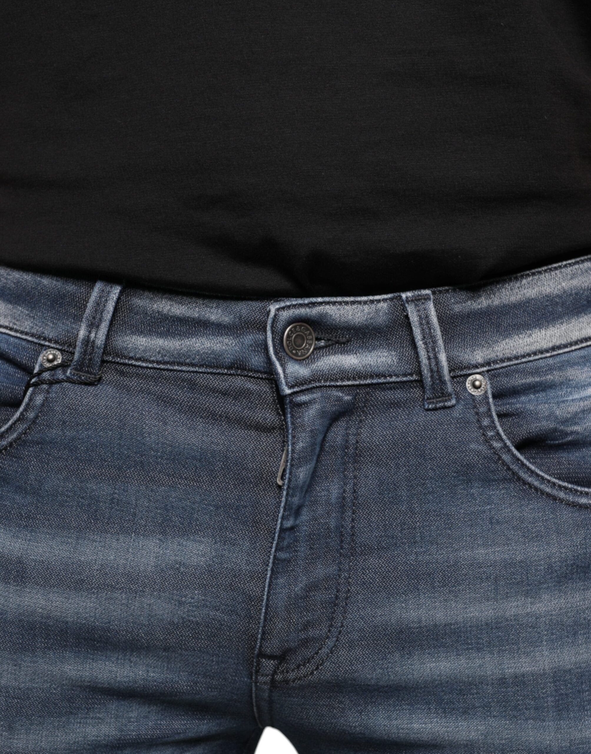 Dark Blue Washed Cotton Skinny Denim Jeans - ventzia