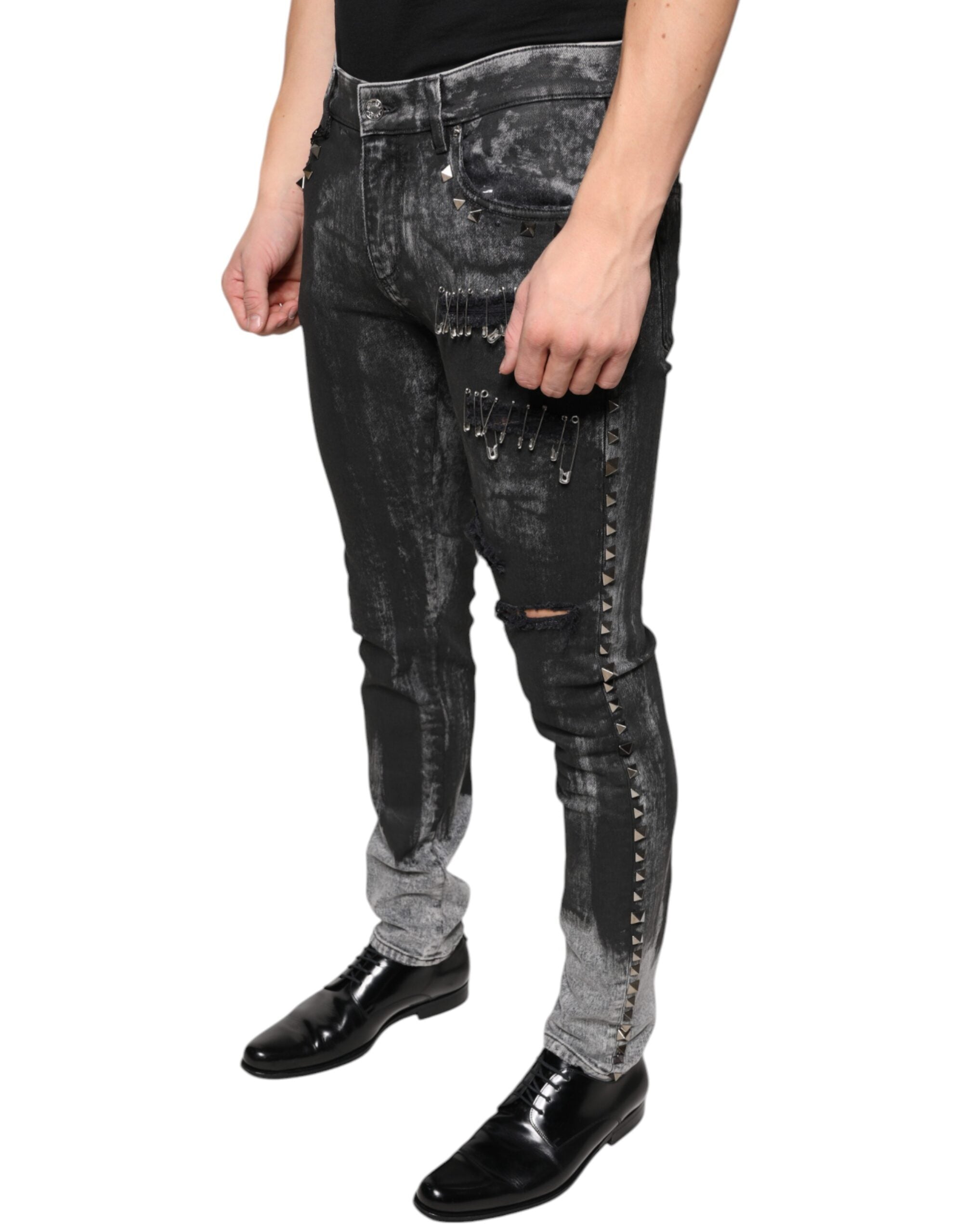 Black Embellished Cotton Skinny Denim Jeans - ventzia