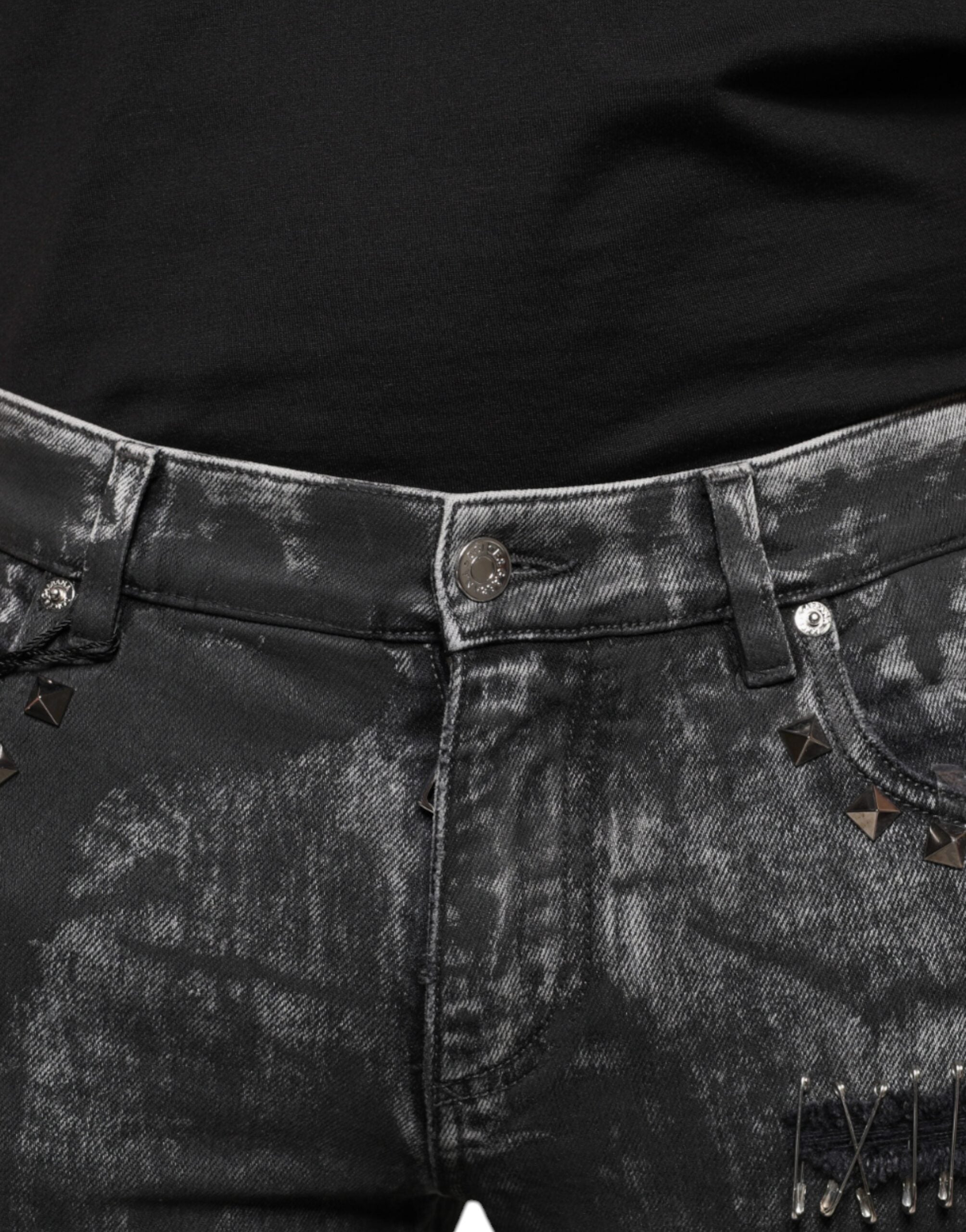 Black Embellished Cotton Skinny Denim Jeans - ventzia