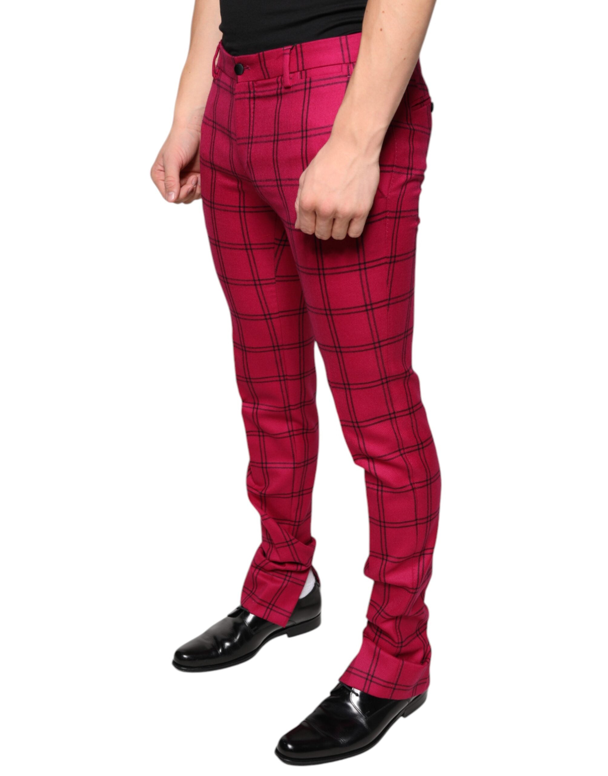 Pink Checkered Wool Skinny Pants - ventzia