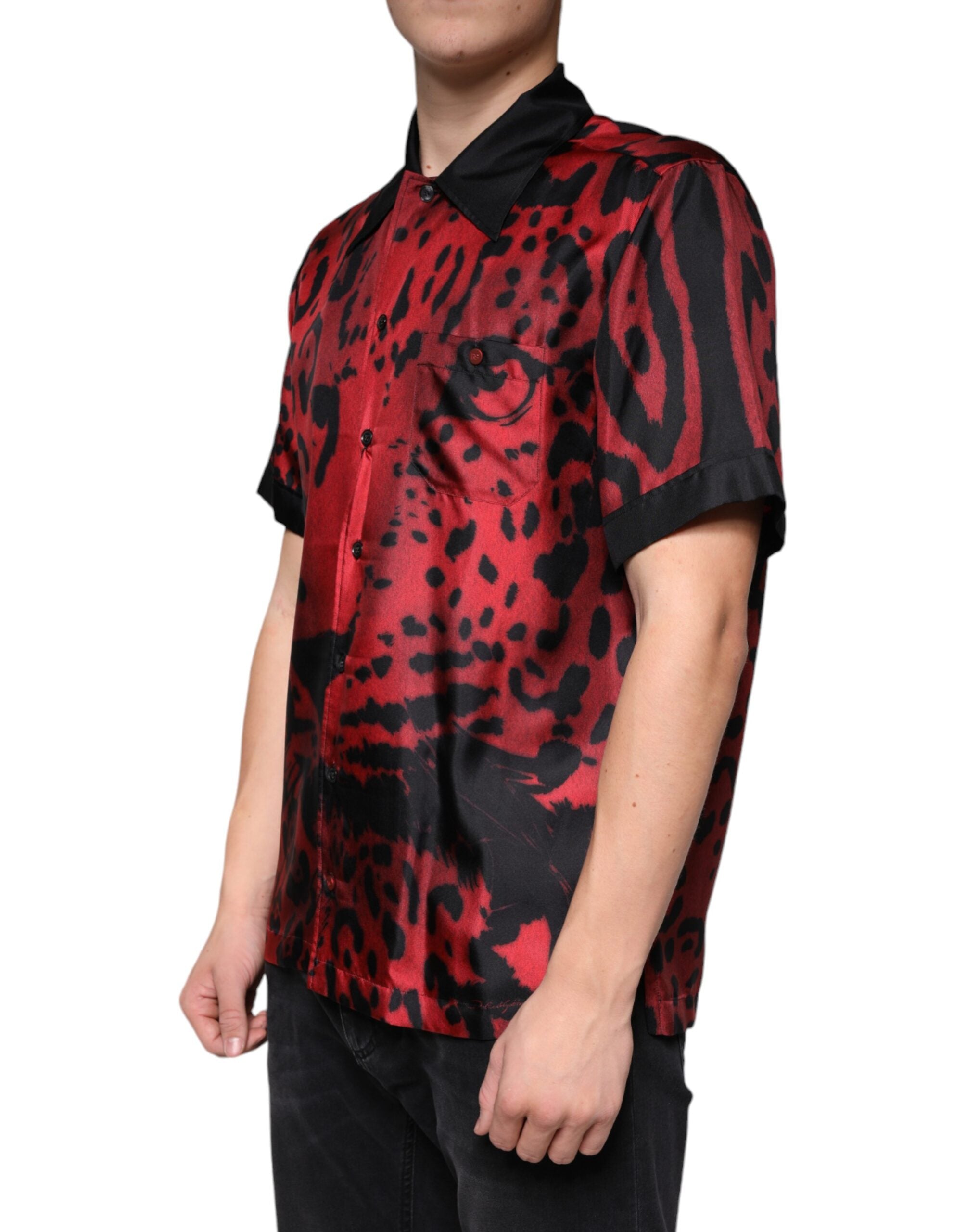 Red Leopard Silk Button Down Casual Shirt - ventzia