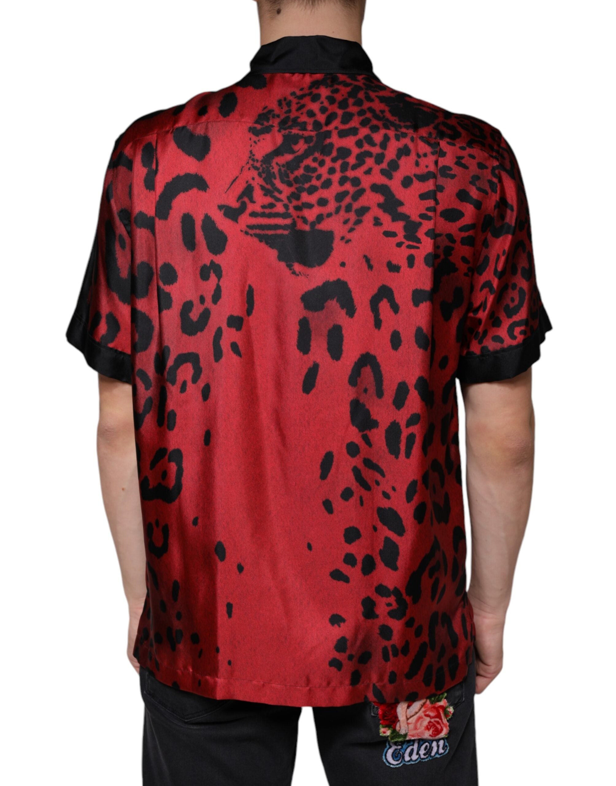 Red Leopard Silk Button Down Casual Shirt - ventzia