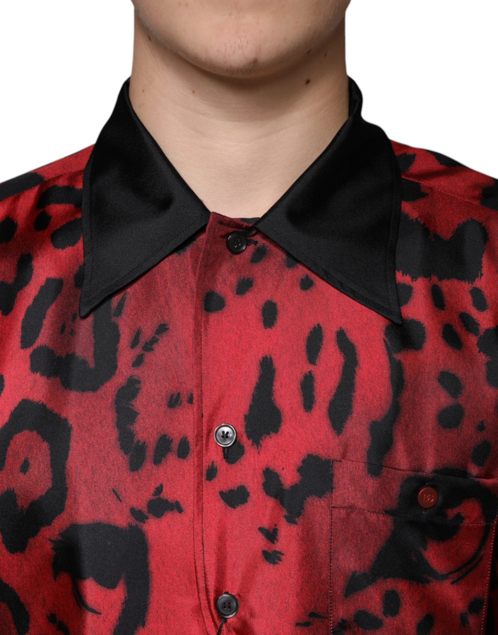 Red Leopard Silk Button Down Casual Shirt - ventzia