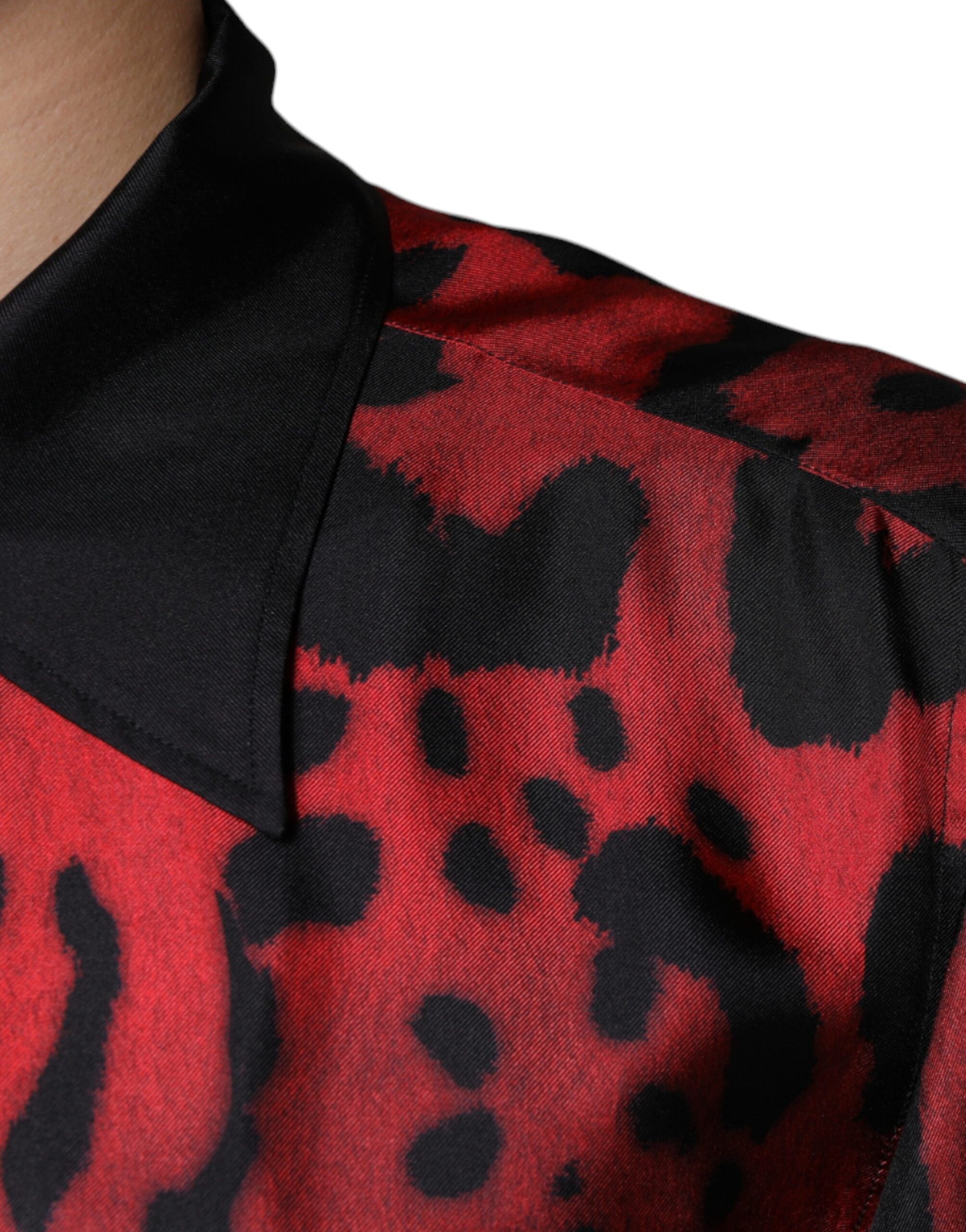 Red Leopard Silk Button Down Casual Shirt - ventzia