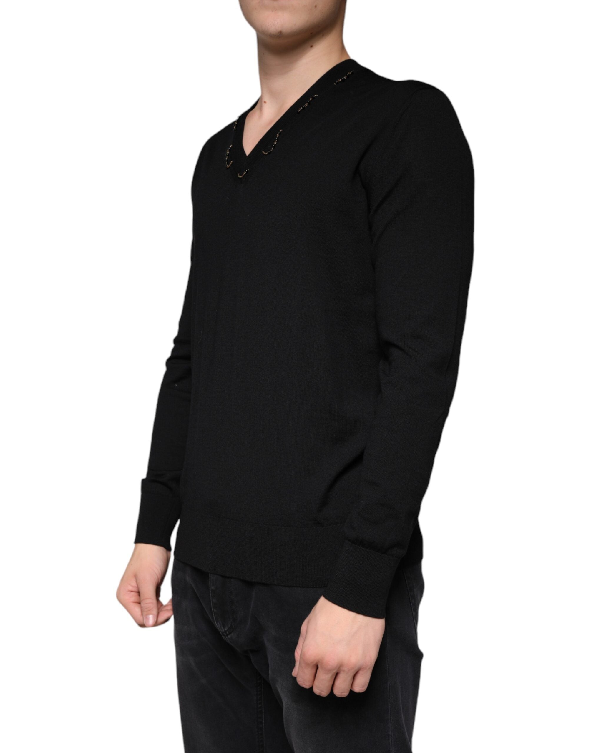 Black Embellished V-neck Pullover Sweater - ventzia