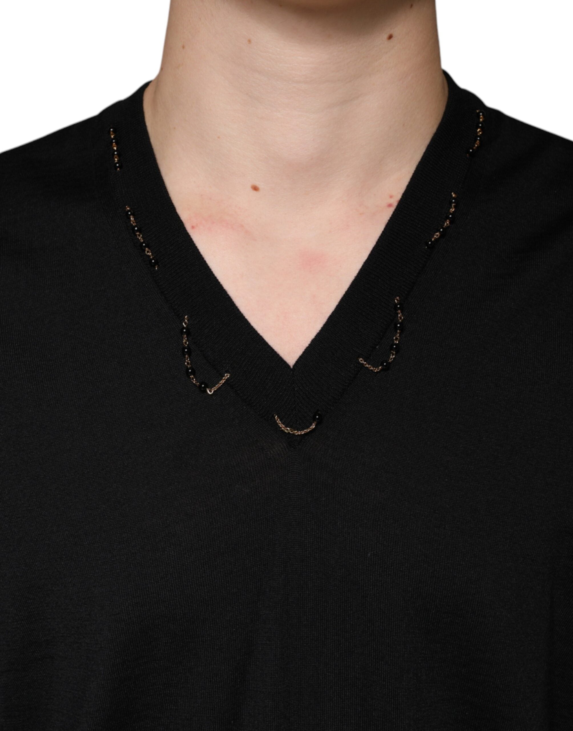 Black Embellished V-neck Pullover Sweater - ventzia