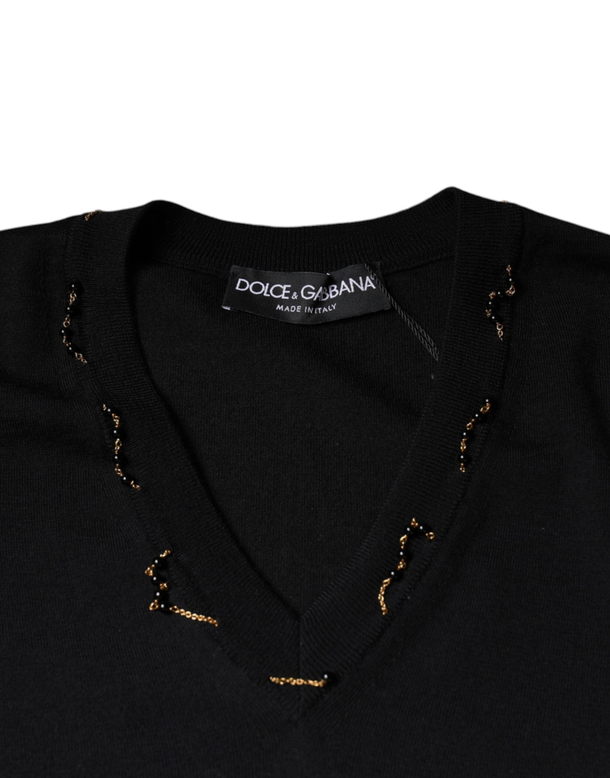 Black Embellished V-neck Pullover Sweater - ventzia